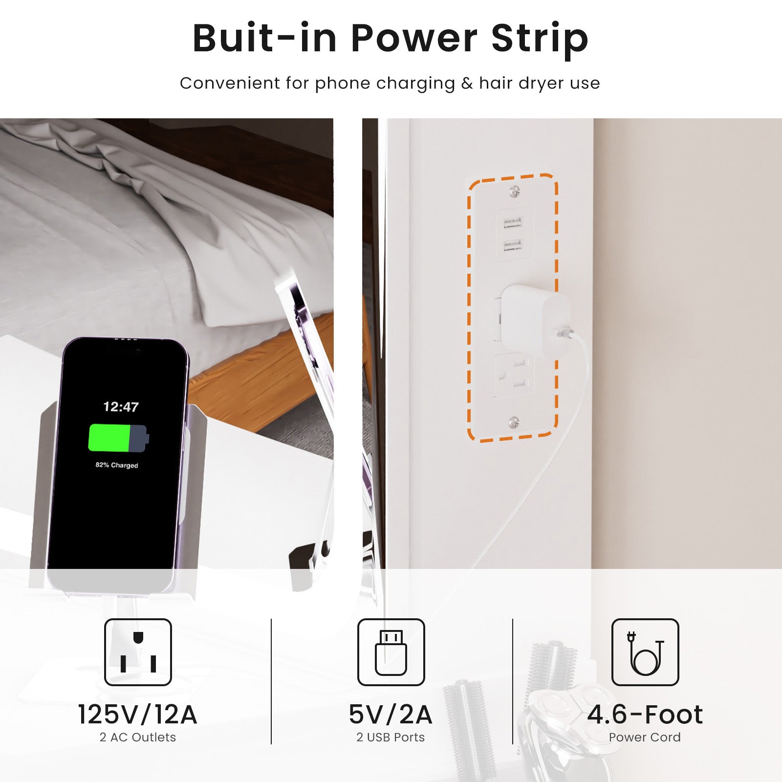 Vanity Table With Led Lit Mirror With Power Outlet And Hairdryer Shelving, With 4 Drawers And Upholstered Stool, Brightness Adjustable In 3 Lighting Modes, Storage Table, White,43.3"L *15.7"W