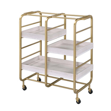 Gold And White Washed Serving Cart With 3 Adjustable Trays Gold White Dining Room Contemporary Rectangular Kitchen Carts Wood Metal