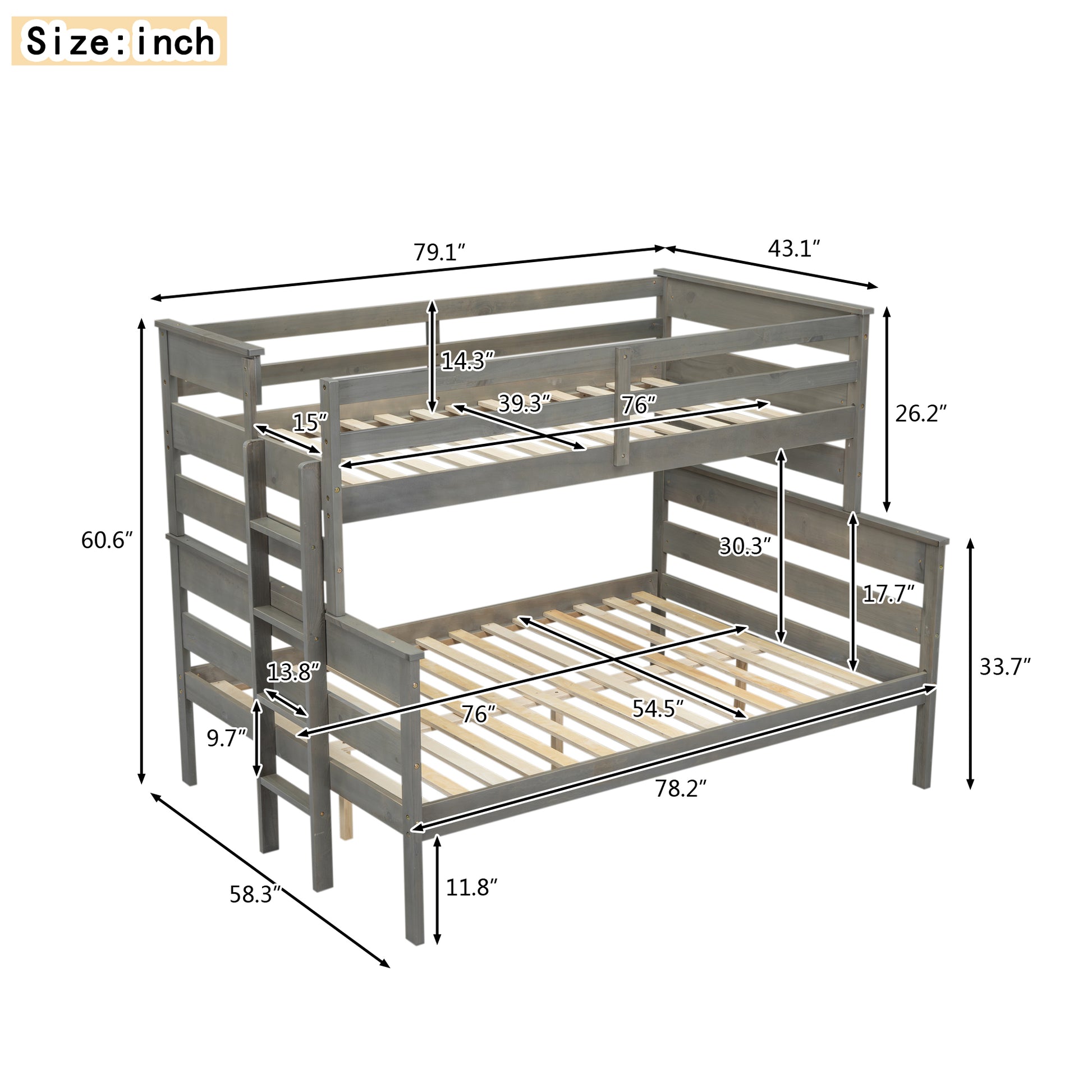 Wood Twin Over Full Bunk Bed With Ladder, Gray Twin Box Spring Not Required Gray Solid Wood Mdf