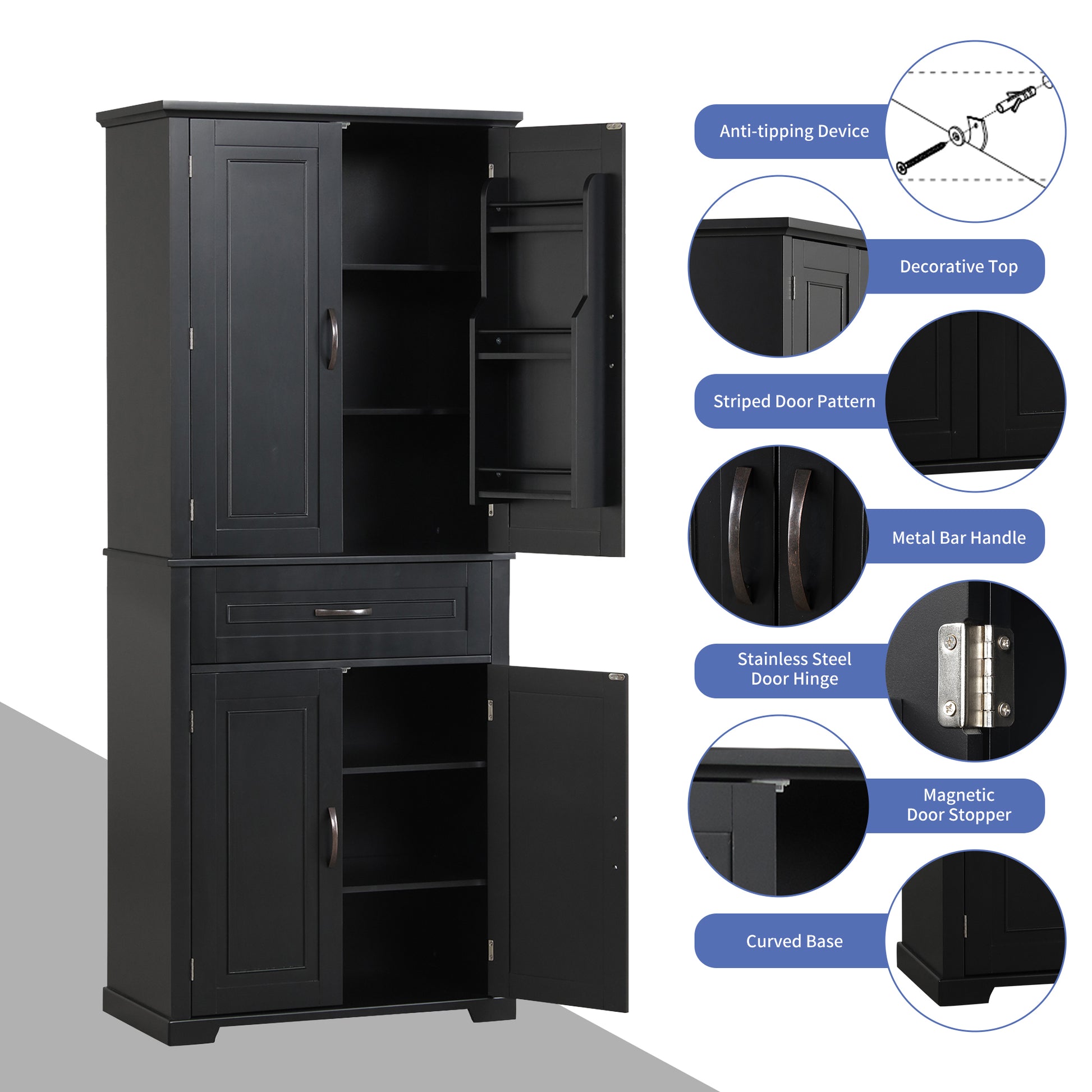 Bathroom Storage Cabinet With Doors And Drawer, Multiple Storage Space, Adjustable Shelf, Black Black Mdf