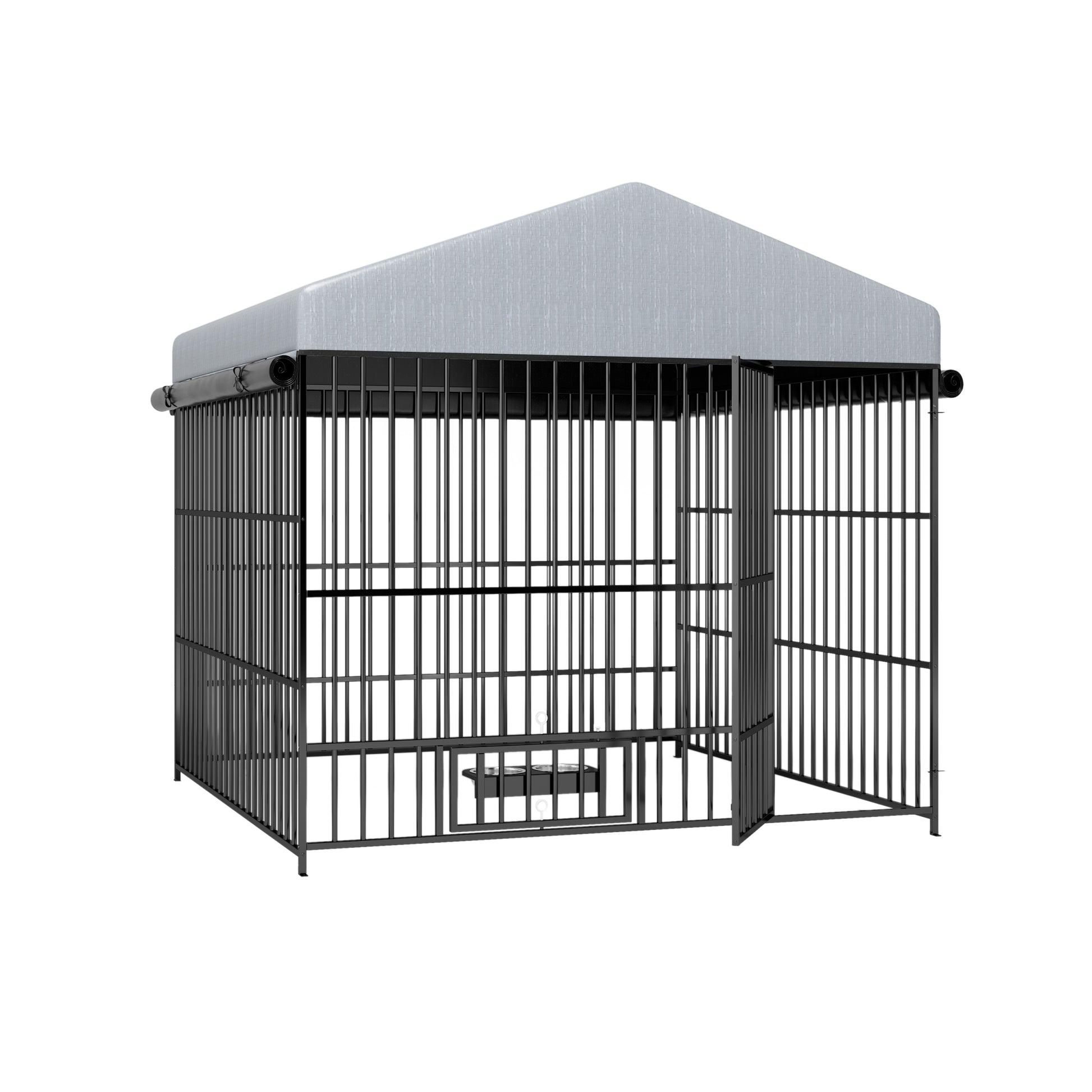 Large Dog Kennel Outdoor Pet Pens Dogs Run Enclosure Animal Hutch Metal Coop Fence With Roof Cover 6.6'L X 6.6'W X 6.4'H Black Gray Outdoor Kennel Modern,Sporty Xxl 91 Lbs Iron