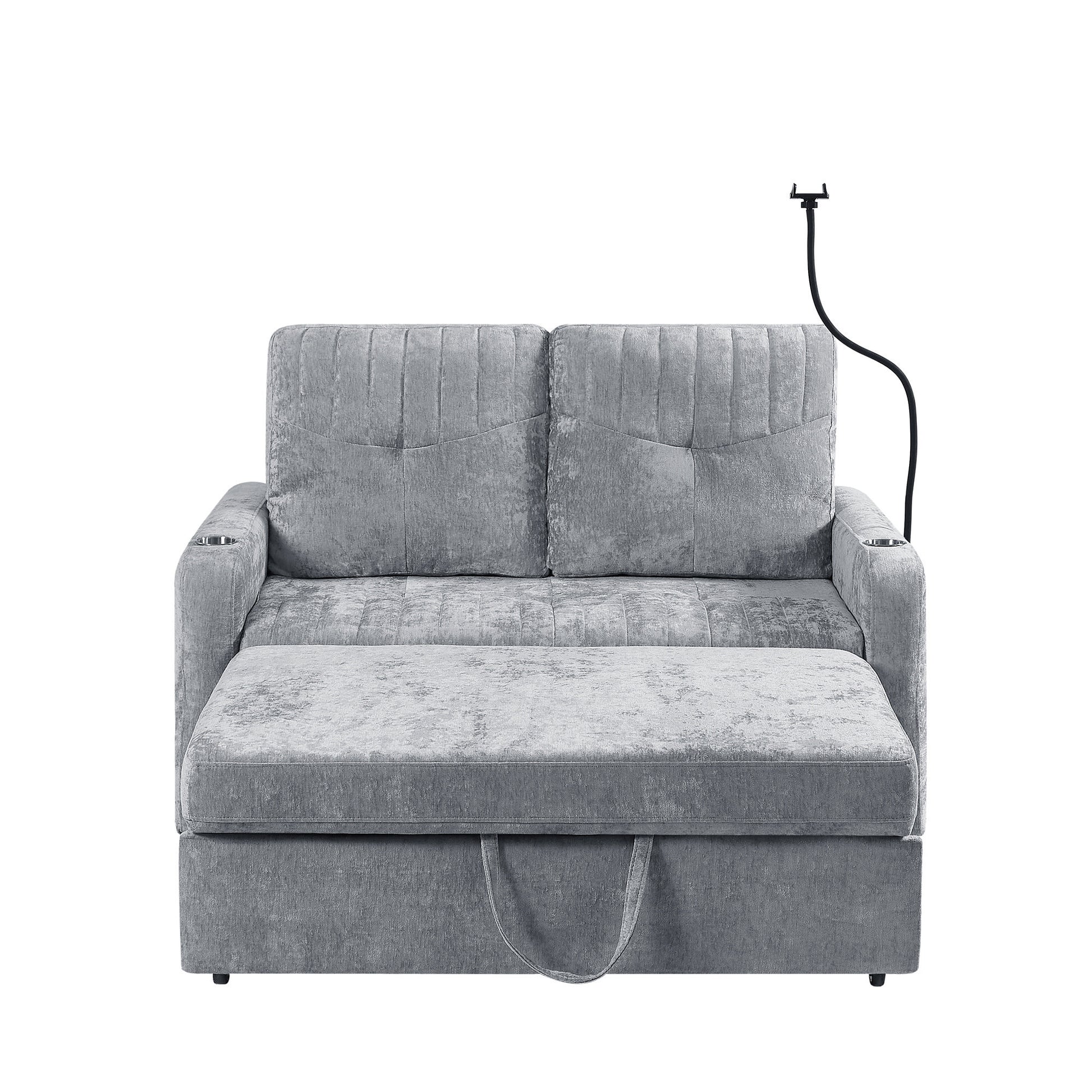 53.9" Modern Loveseat Pull Out Sofa Bed With Adjustable Backrest, Two Cup Holdersa Phone Holder, Three Charging Ports And Side Storage Pockets For Living Room, Grey Grey Foam Chenille