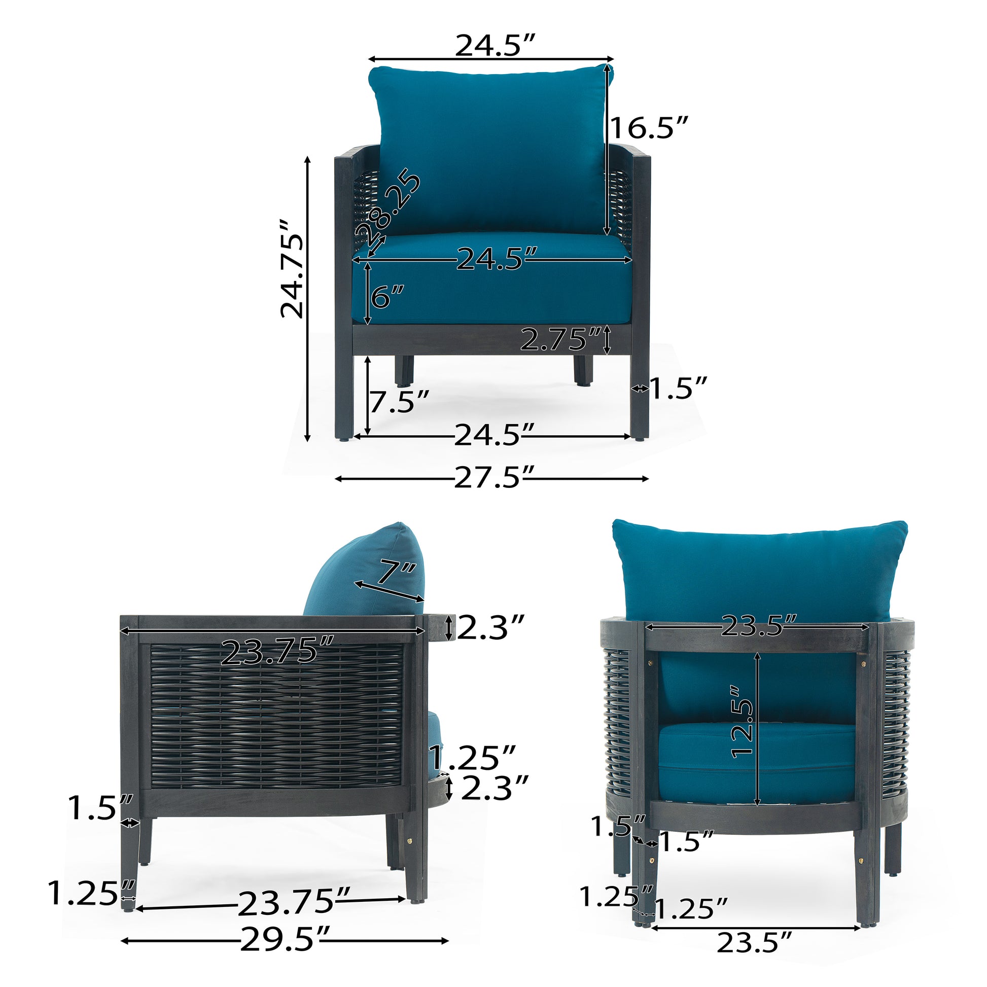 Outdoor Acacia Wood Wicker Club Chair With Cushions,Patio Furniture Conversation Seat For Backyard, Black Polyester Dark Teal Cushion, 27.50" W X 29.50" D X 24.75" H Yes Deep Seating Black,Teal Blue