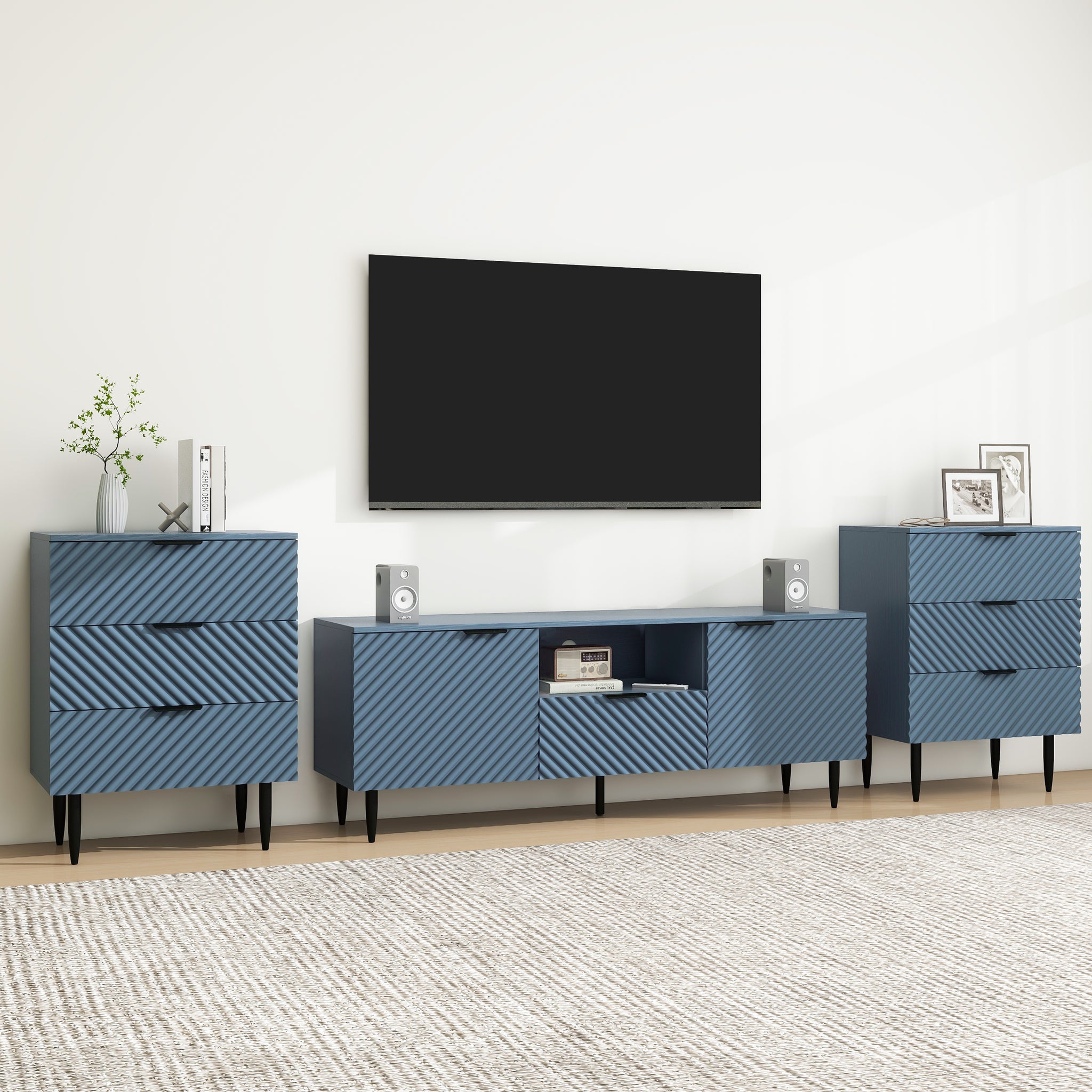 Tv Stand With Solid Ion Feet, Tv Console Table For Living Room, Bedroom Blue Particle Board