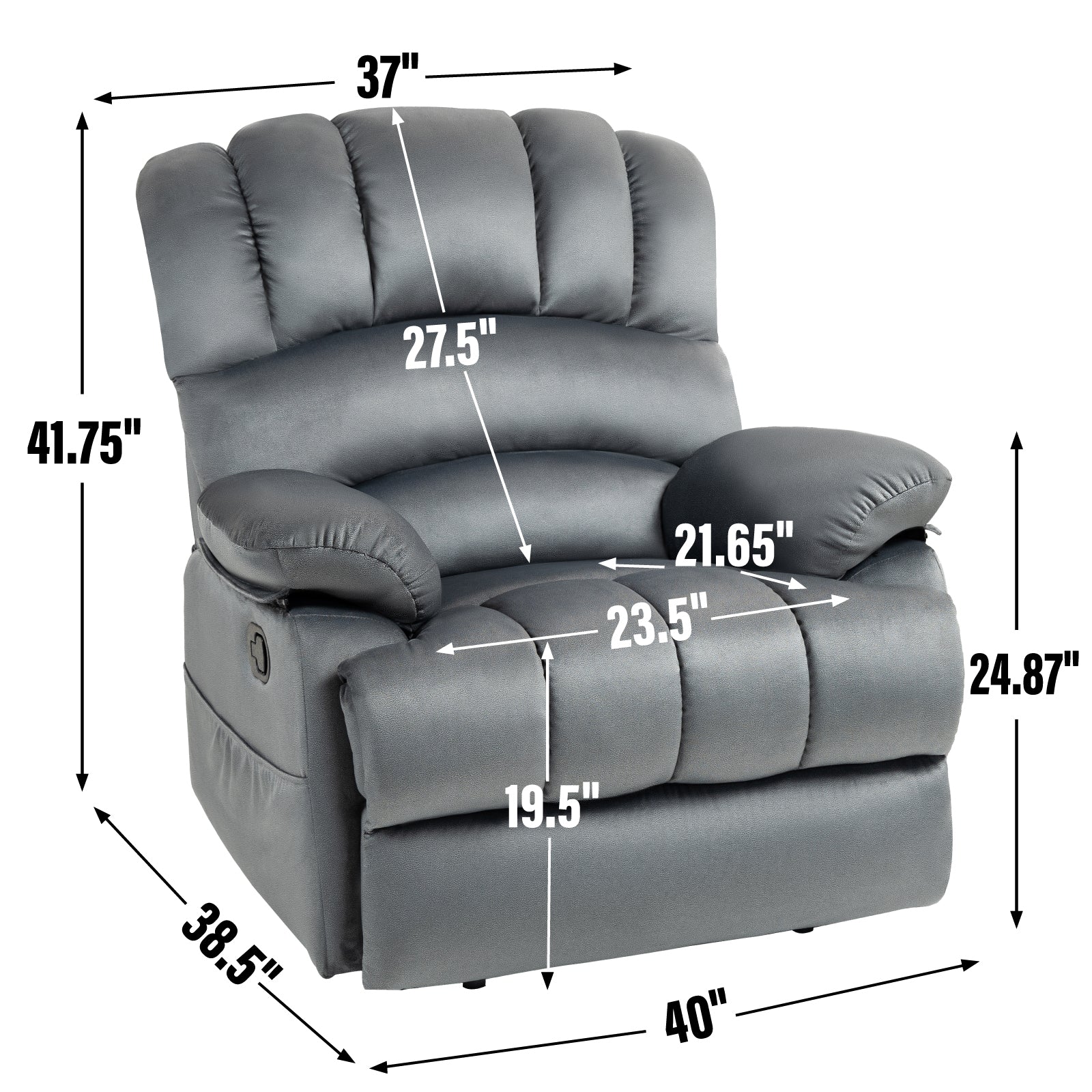 Large Manual Recliner Chair In Fabric For Living Room, Grey Grey Polyester Manual Handle Metal Primary Living Space Medium Firm Cushion Back Heavy Duty American Design Pine Pillow Top Arms Fiber Foam And Polyester Fiber Pad Fabric