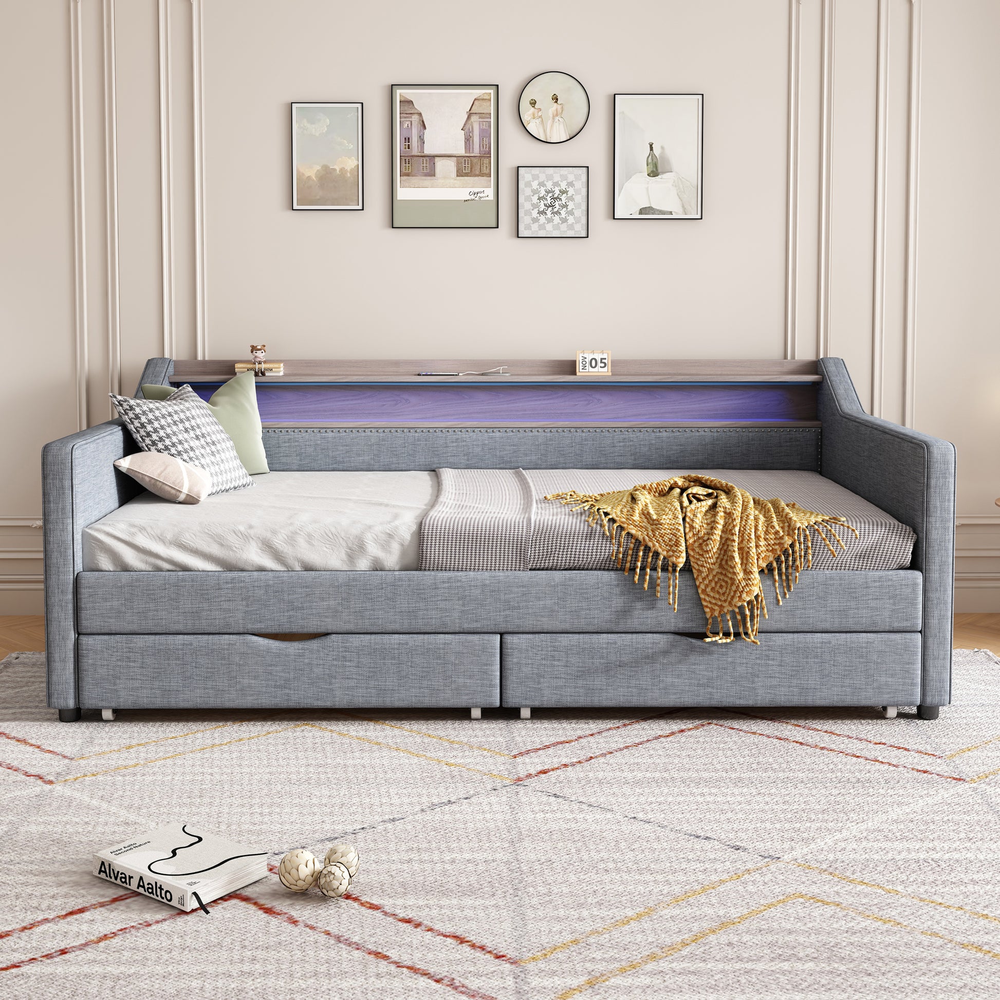 Twin Size Daybed With 2 Storage Drawers And 2 Tier Shelf & Usb Type C Port, Modern Linen Upholstered Sofa Day Bed Frame With Smart Led Light For Livingroom, Apartment,Light Grey Box Spring Not