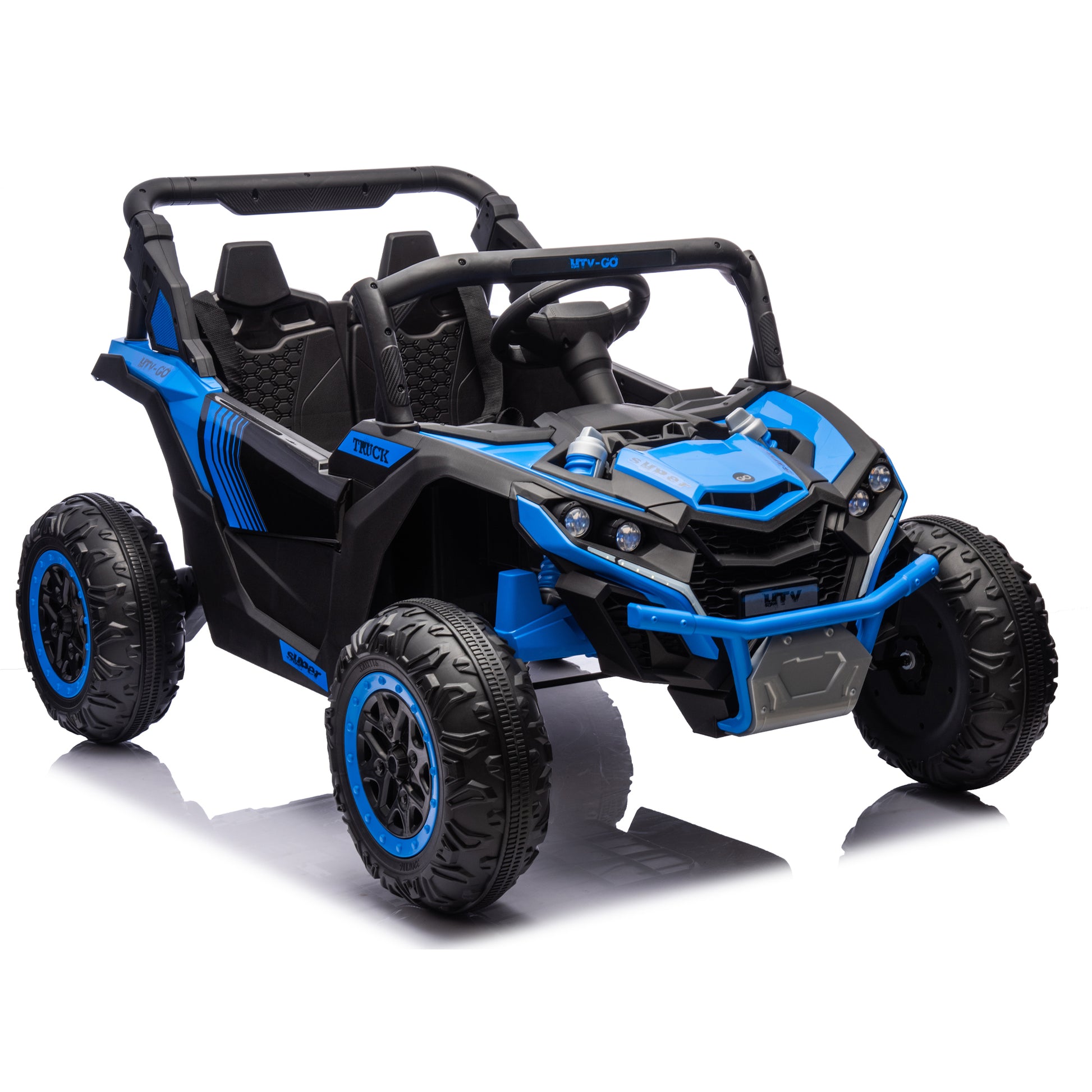 24V Two Seater Kids Ride On Utv W Parents Remote Control,Four Wheel Suspension,Slow Start,Large Wheel Design,Anti Collision Bar,Storage Space,Music,Usb,Bluetooth,Volume Control,Led Lights For Kids 3 . Blue 100 149 Lbs Polypropylene