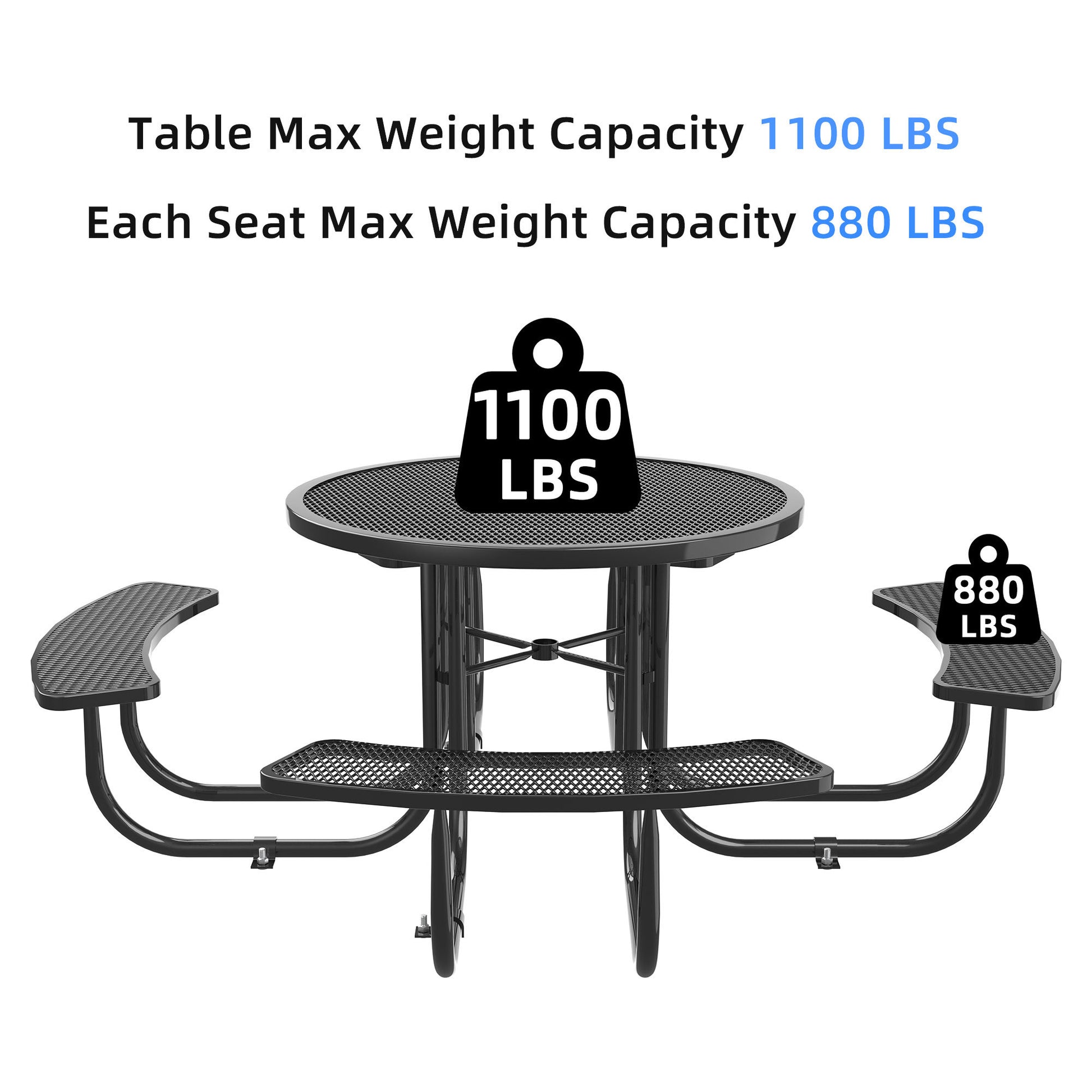Round Outdoor Steel Picnic Table 46" Blue ,With Umbrella Pole,Black Black Steel Steel
