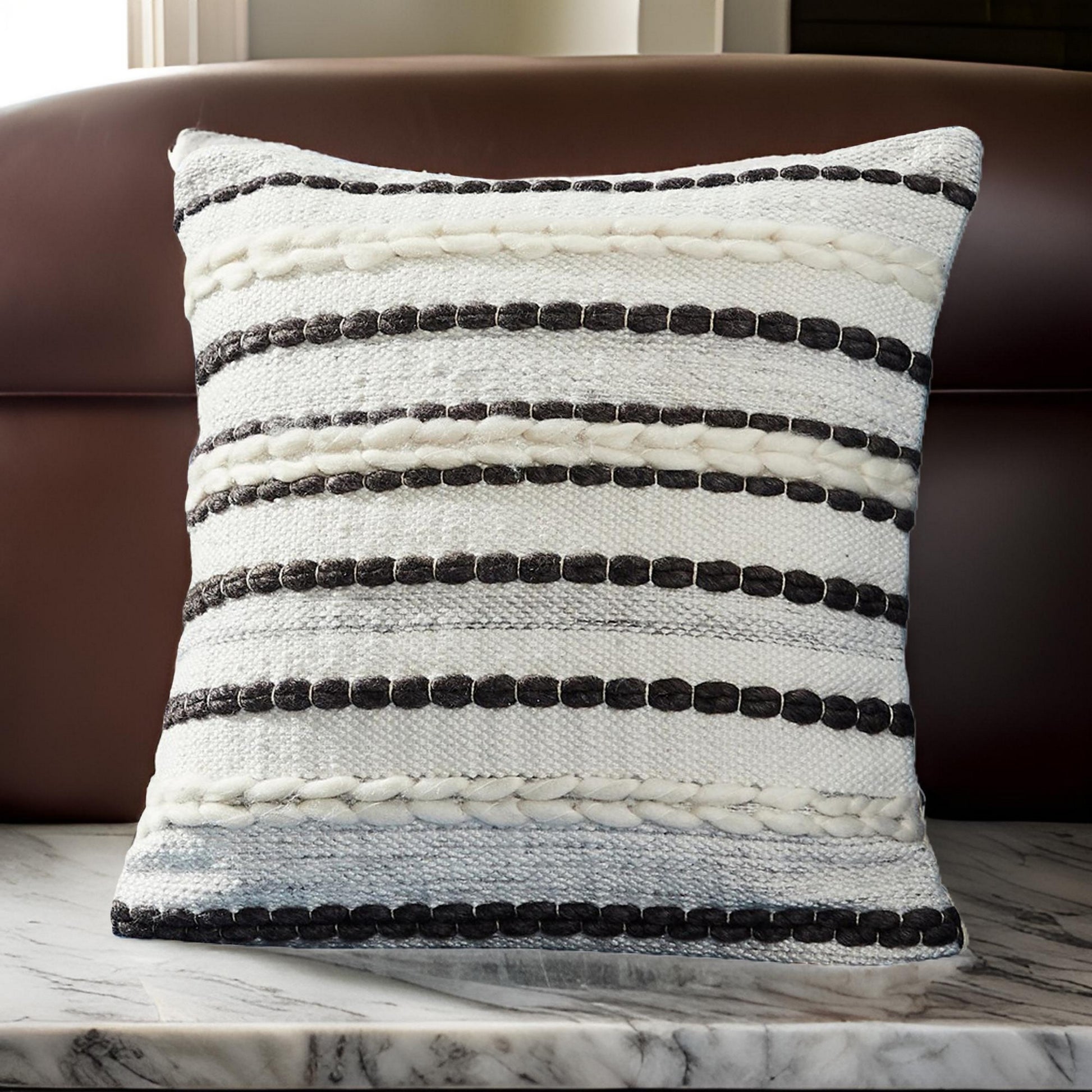 18 Inch Decorative Throw Pillow Cover, Black Lined Beading, Gray Fabric Grey Black Fabric