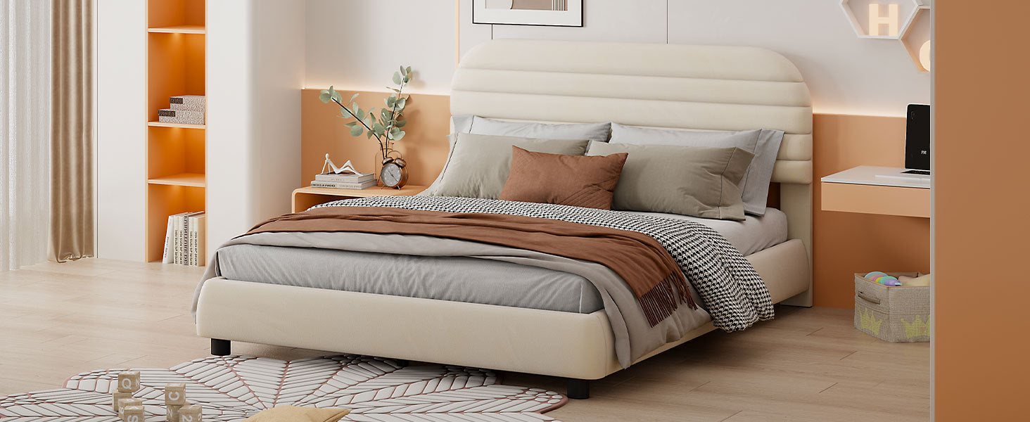 Queen Size Velvet Upholstered Platform Bed,Solid Frame And Stylish Curve Shaped Design, Beige Queen Beige Velvet