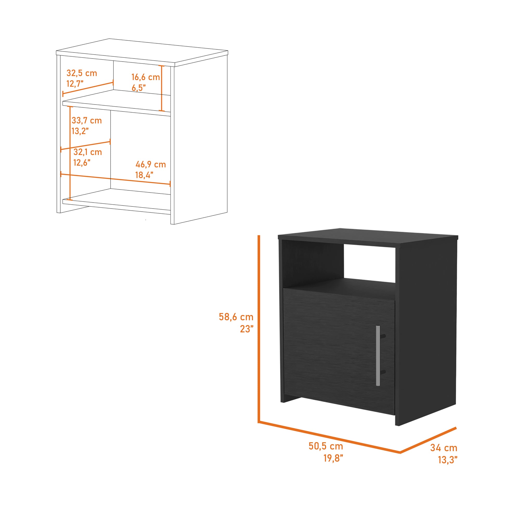 Bristol Nightstand, One Cabinet, Top Surface Black 1 Drawer Bedroom Contemporary Pine Storage Pine Melamine Engineered Wood
