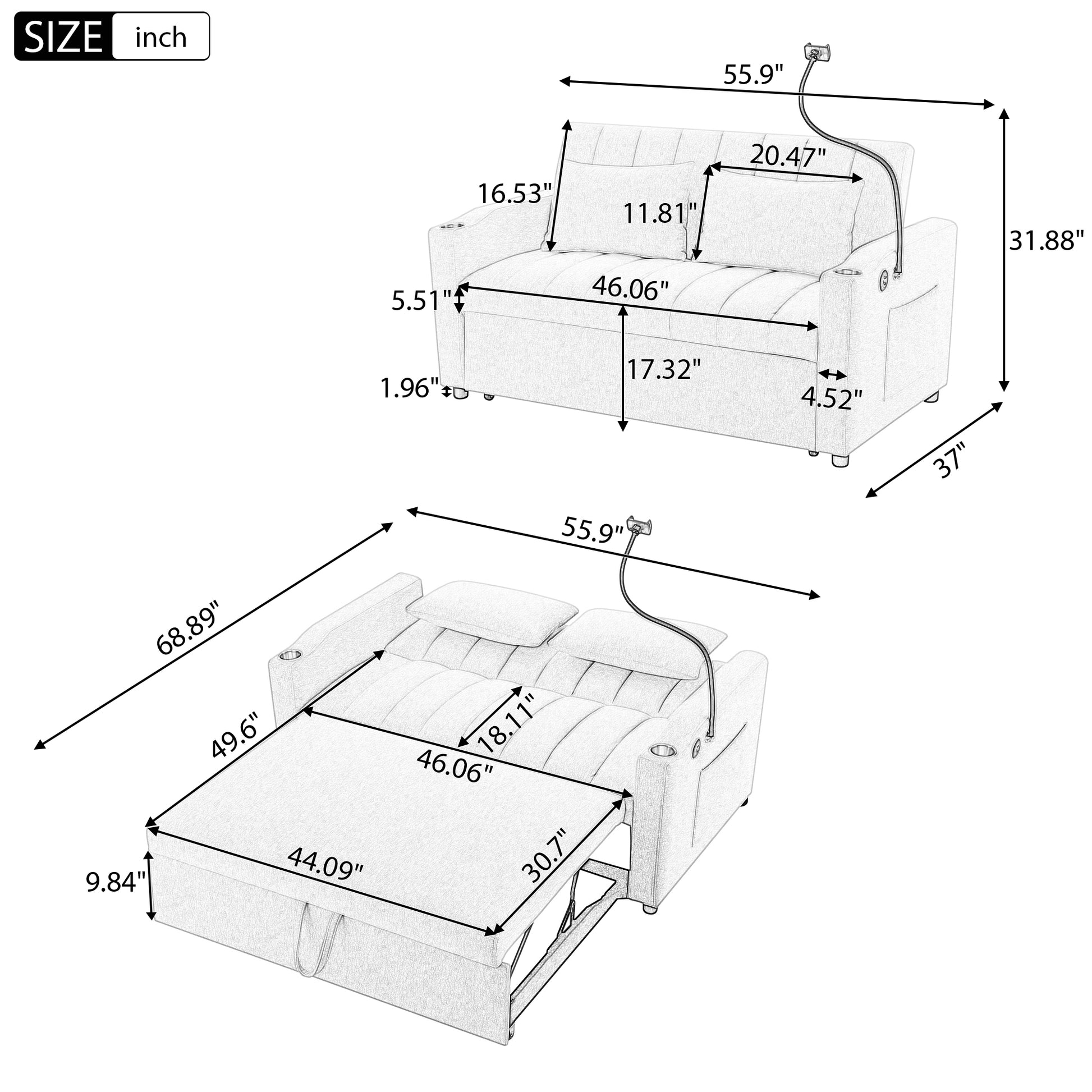 55.9" Convertible Sofa Bed Loveseat Sofa With Three Usb Ports, Two Side Pockets, Two Cup Holders And 360 Swivel Phone Holder For Living Room, Beige Beige Foam Polyester