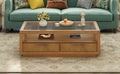 Modern Wood Coffee Table With 2 Drawers ,Minimalist Display Coffee Table With Transparent Tempered Glass, Open Storage Shelf For Living Room Brown Solid Wood Mdf