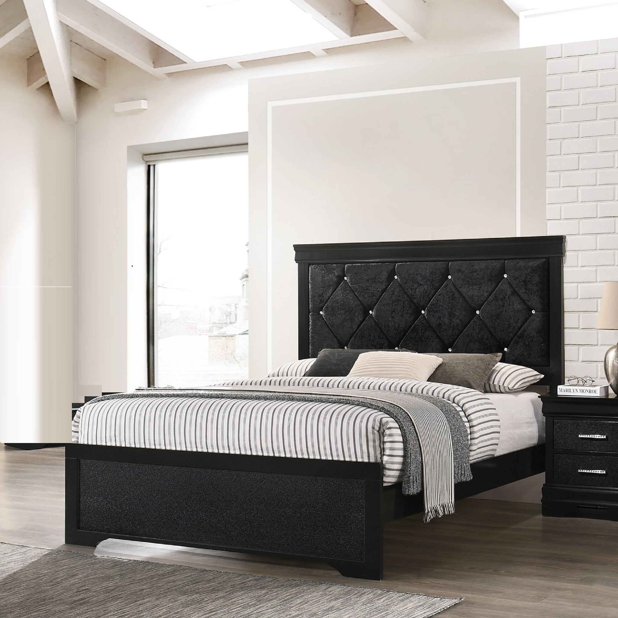 Modern 1Pc Black Finish Queen Size Panel Bed Wooden Fabric Upholstered Headboard Crystal Like Button Tufted Fabric Bedroom Furniture Box Spring Required Queen Black Wood Bedroom Modern Panel Wood