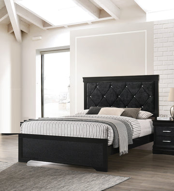 Modern 1Pc Black Finish Queen Size Panel Bed Wooden Fabric Upholstered Headboard Crystal Like Button Tufted Fabric Bedroom Furniture Box Spring Required Queen Black Wood Bedroom Modern Panel Wood