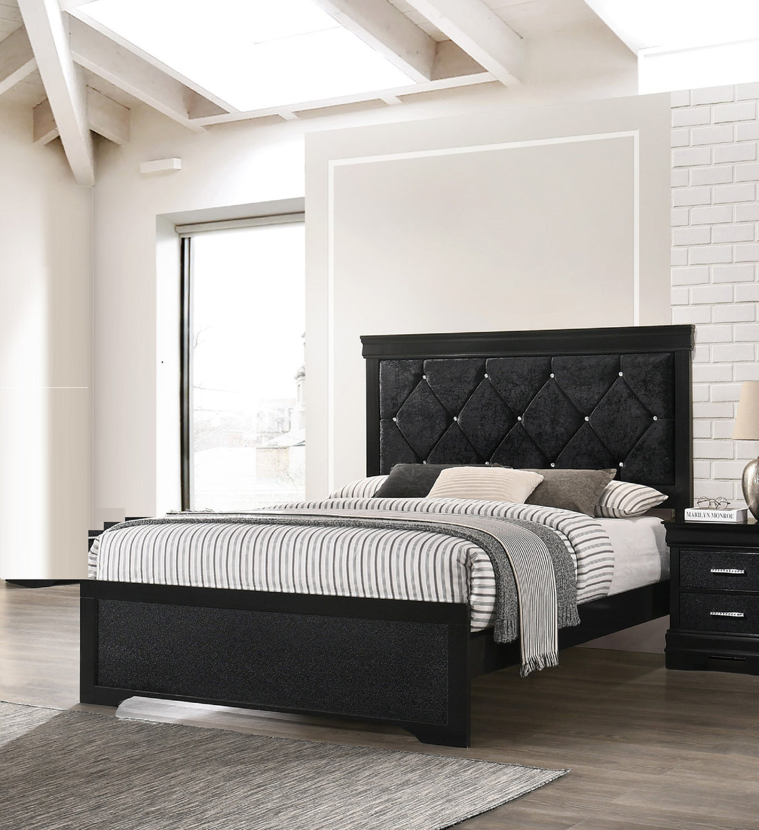 Modern 1Pc Black Finish Full Size Panel Bed Wooden Fabric Upholstered Headboard Crystal Like Button Tufted Fabric Bedroom Furniture Box Spring Required Full Black Wood Bedroom Panel Solid Wood