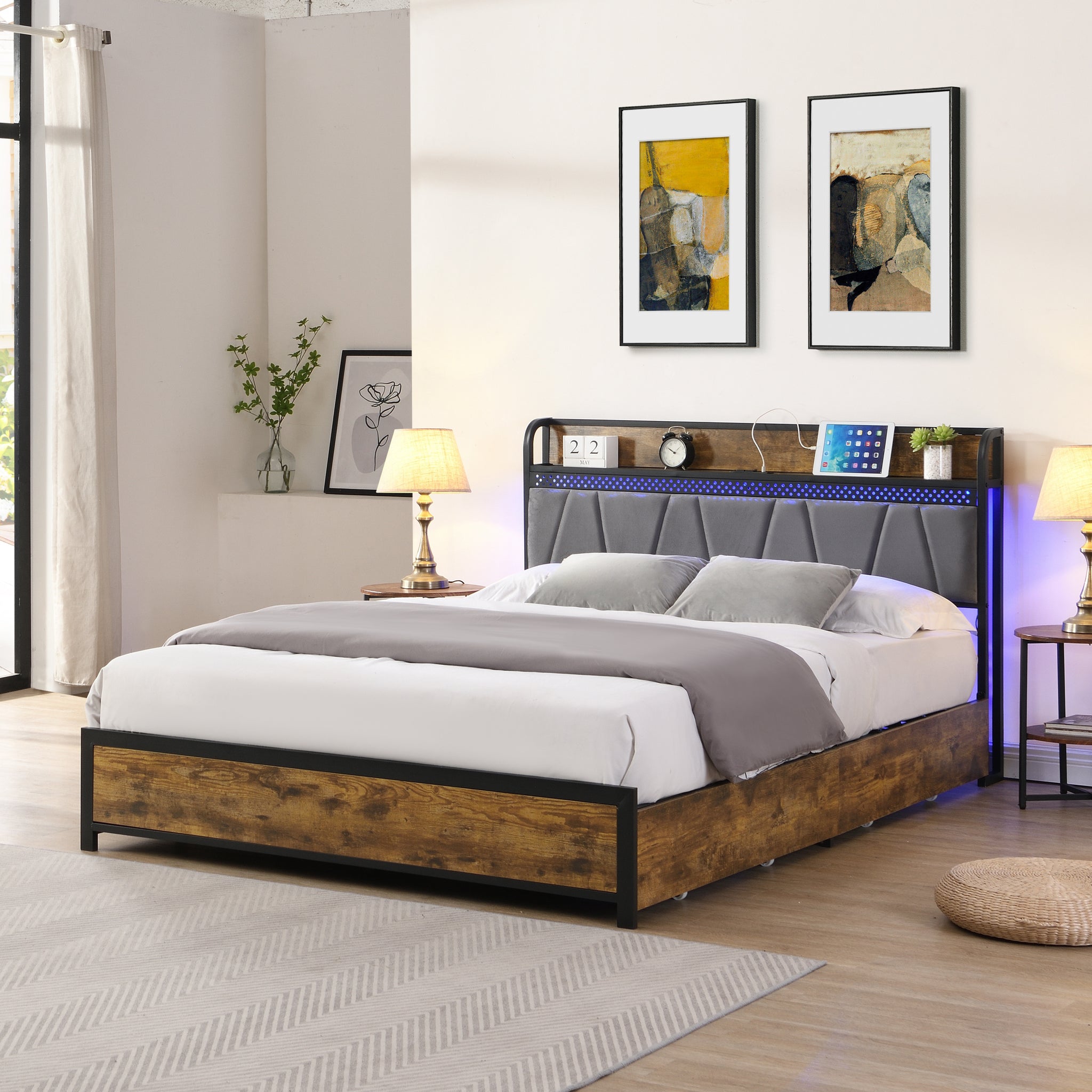 Full Size Bed Frame, Storage Headboard With Charging Station And 4 Storage Drawers,Led Lightsbrown And And Gray Full Black Brown Grey Mdf Metal