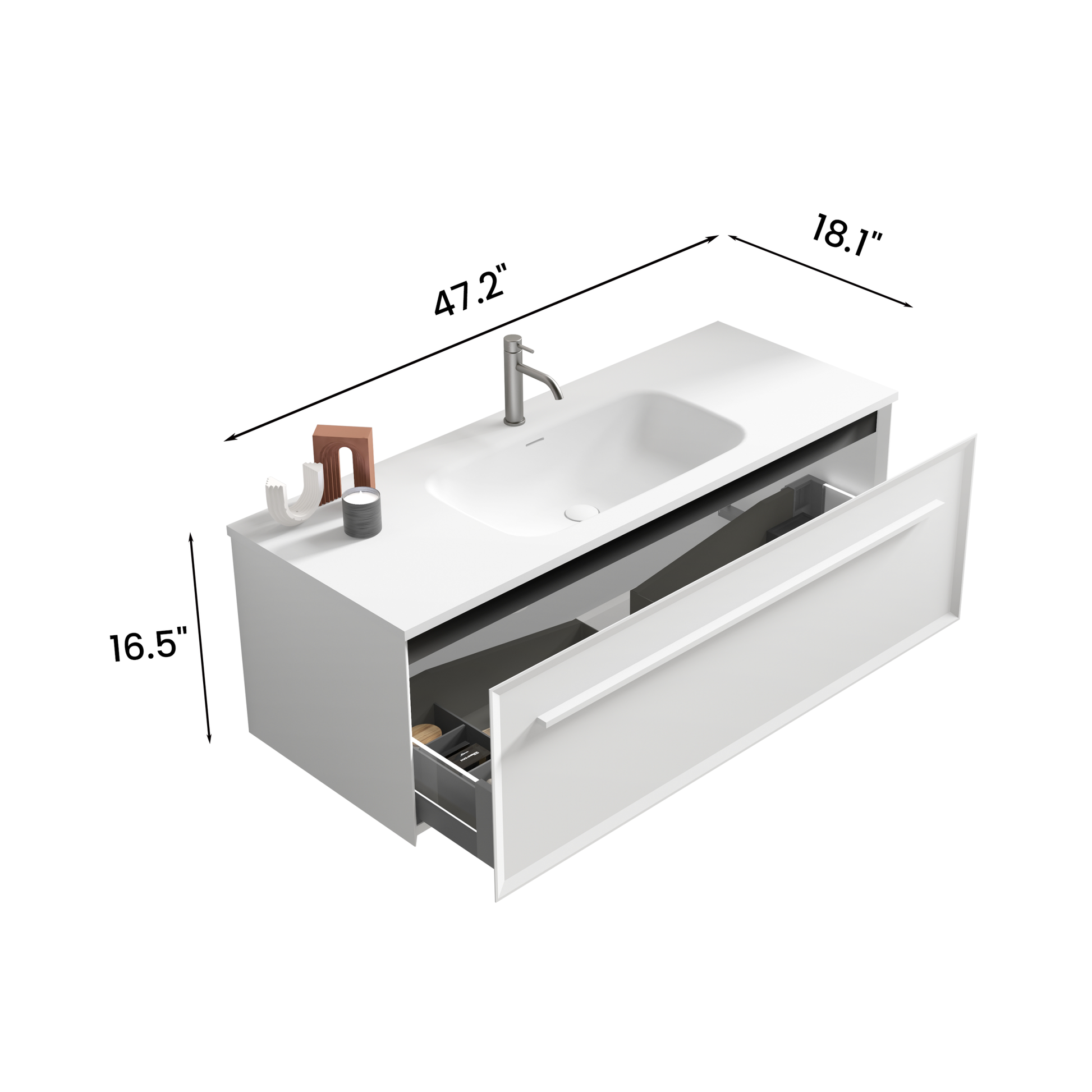 U051 Nevia48W 206 Nevia 48" Matt Snow White Bathroom Vanity With White Solid Surface Sink, Wall Mounted Floating Bathroom Vanity For Modern Bathroom, One Piece White Basin Without Drain, Pre Assembled White Bathroom Modern Plywood