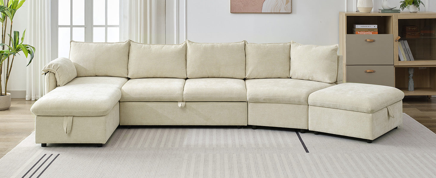 146.9" L Shaped Sofa Sectional Sofa Couch Pull Out Sofa Bed With A Movable Storage Ottoman, A Storage Chaise Lounge And Two Usb Ports For Living Room, Beige Beige Foam Linen 5 Seat