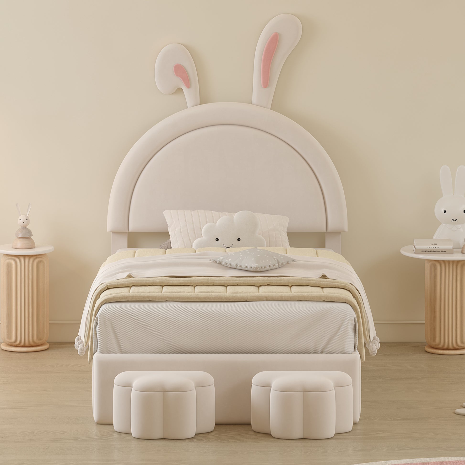 Twin Size Upholstered Rabbit Shape Bed With 2 Storage Stools, Velvet Platform Bed With Cartoon Ears Shaped Headboard, White Twin White Wood