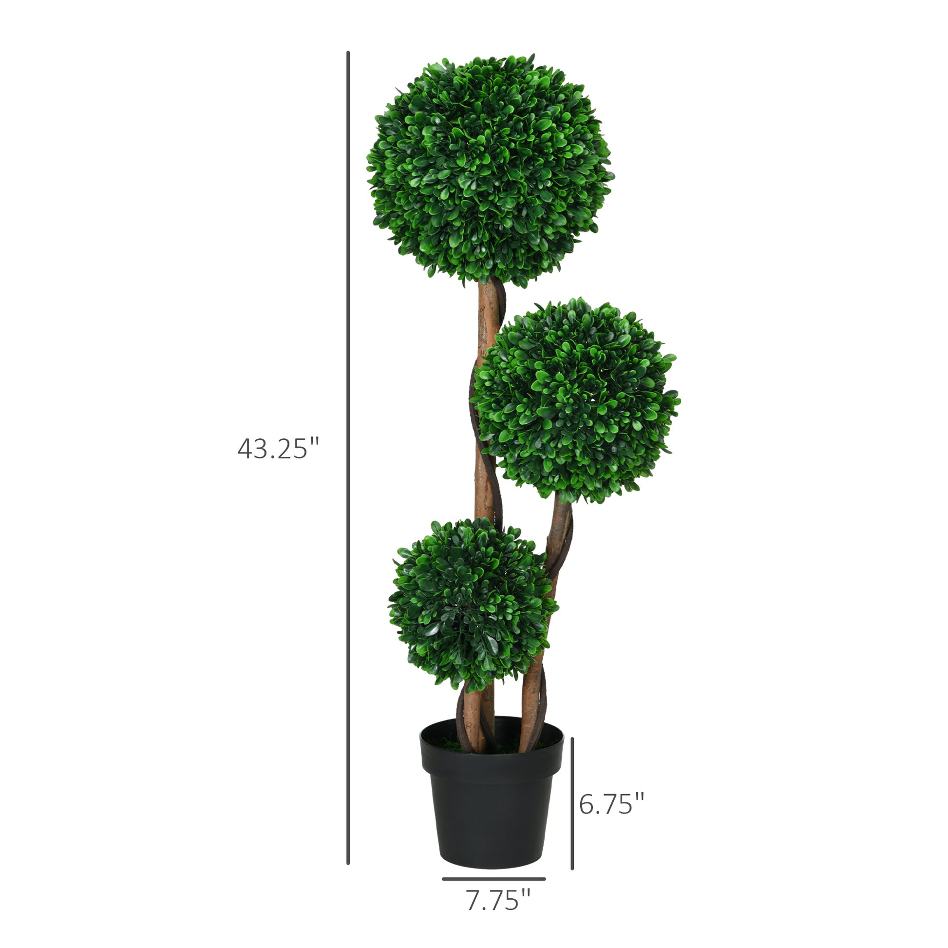 Homcom 3.5Ft 43.25" Artificial 3 Ball Boxwood Topiary Tree With Pot, Indoor Outdoor Fake Plant For Home Office, Living Room Decor Green Plastic