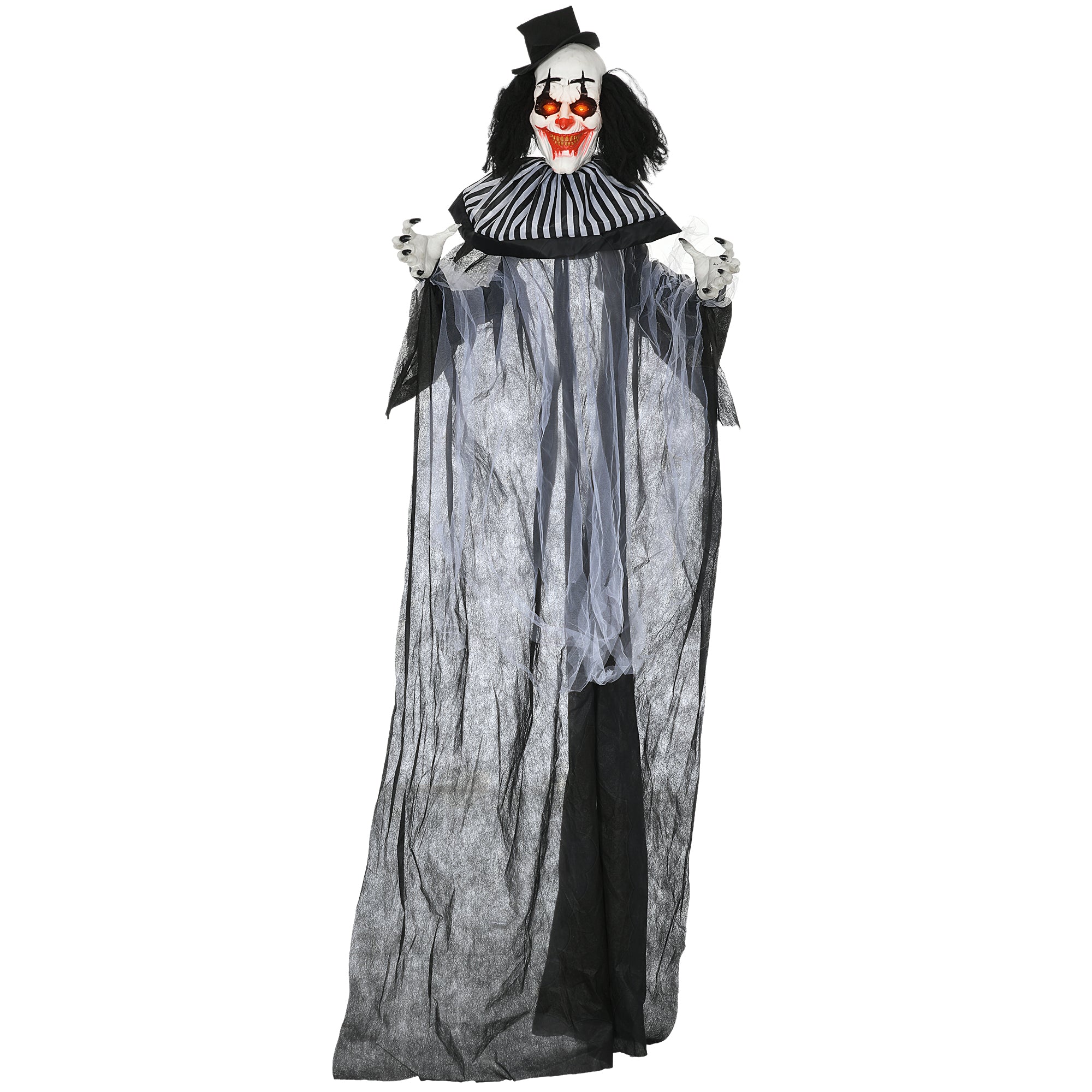 Homcom 6' Life Size Outdoor Halloween Decoration, Classic Black And White Striped Clown Animatronic, Sound And Motion Activated Animated Prop With Light Up Eyes & Sounds Black Polyester