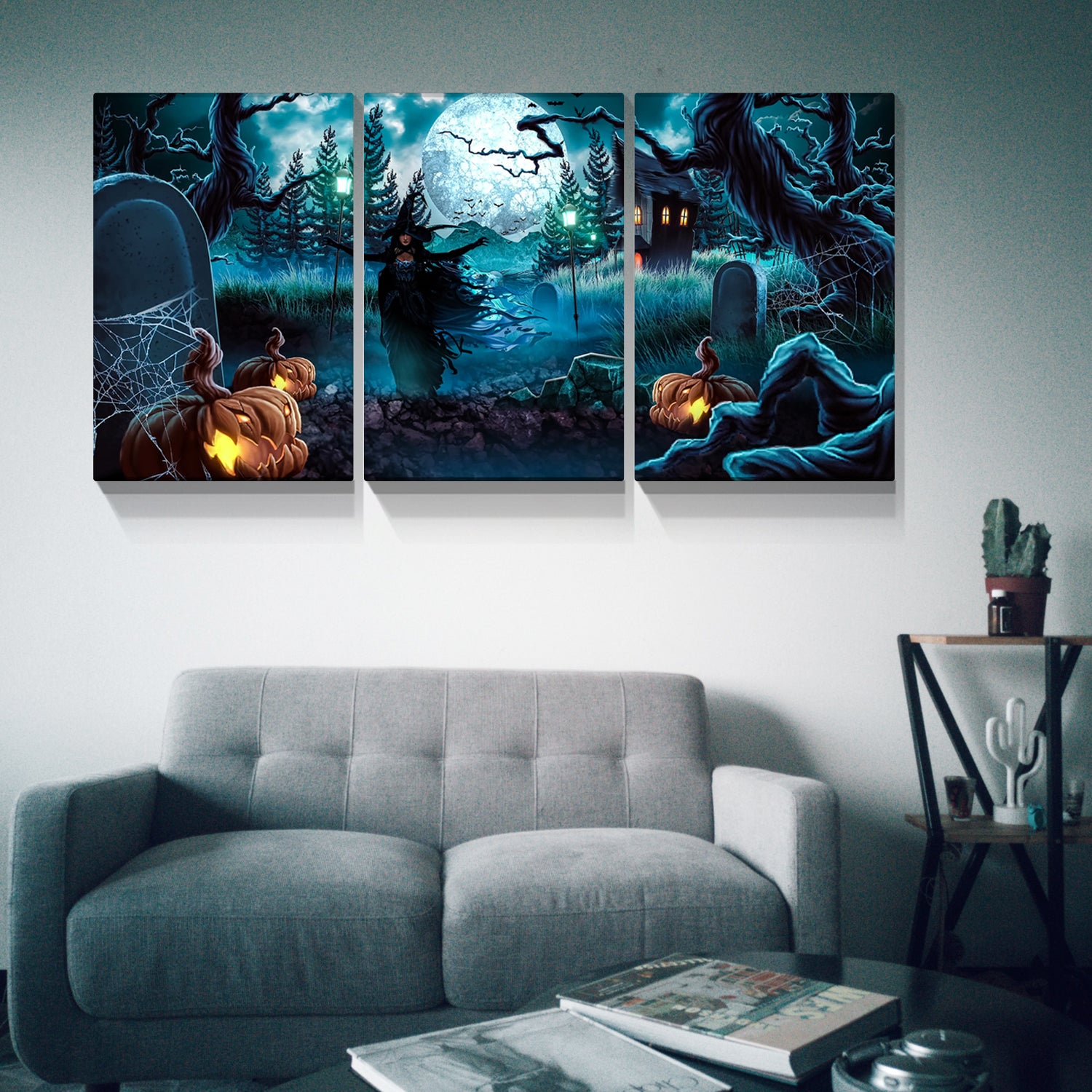 3 Pcs Halloween Wall Decor Wall Art With Lights Halloween Decorations With Spooky Pumpkins For Party Living Room Decorative Wall Art 1218Inch Thickness 1.5Inch Multicolor Halloween Renaissance Modern Canvas