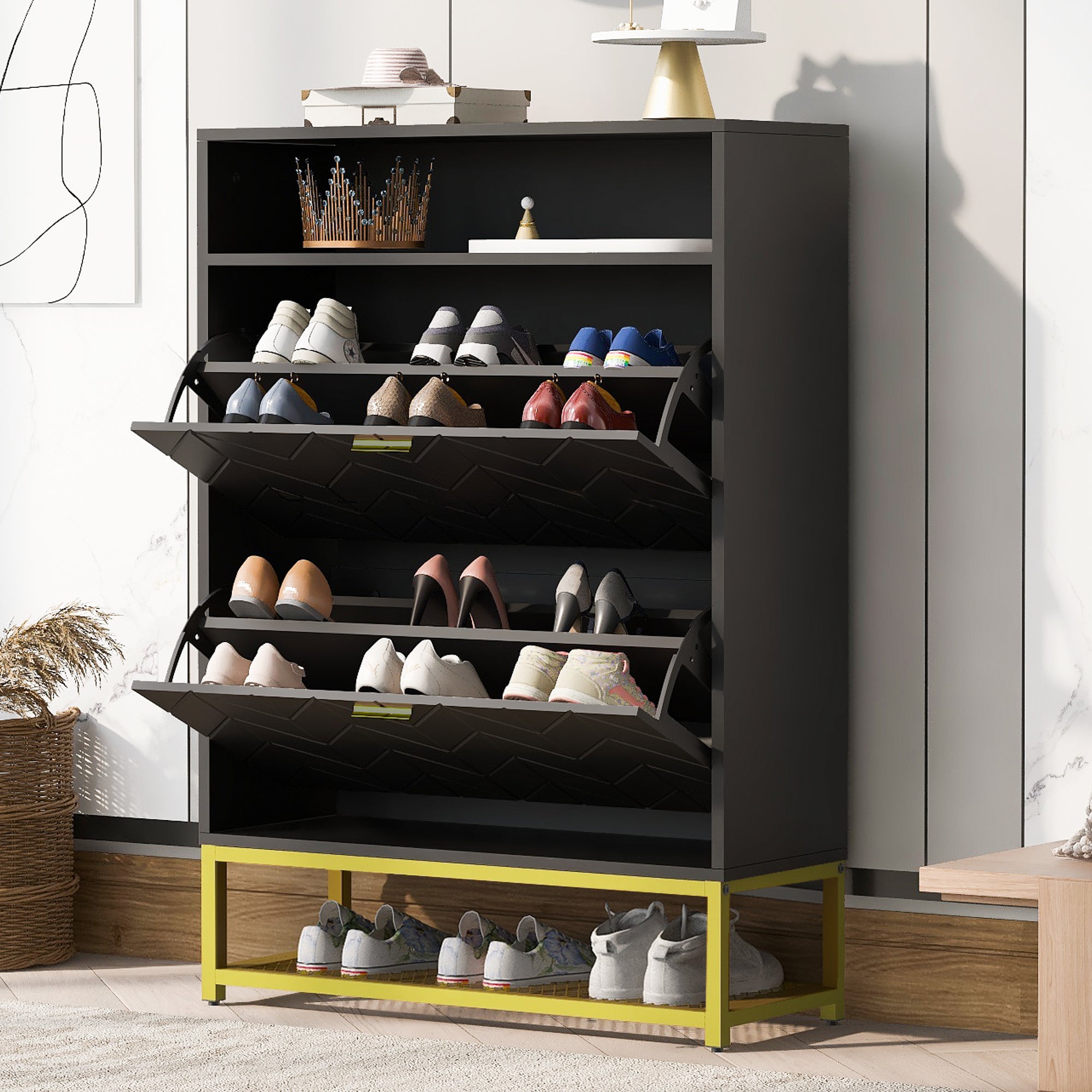 Shoe Cabinet With 2 Flip Drawers, And 2 Shelves, Modern Free Standing Shoe Rack For Heels, Boots, Slippers,Shoe Storage Cabinet For Entryway, Hallway, Living Room, Black Black Mdf