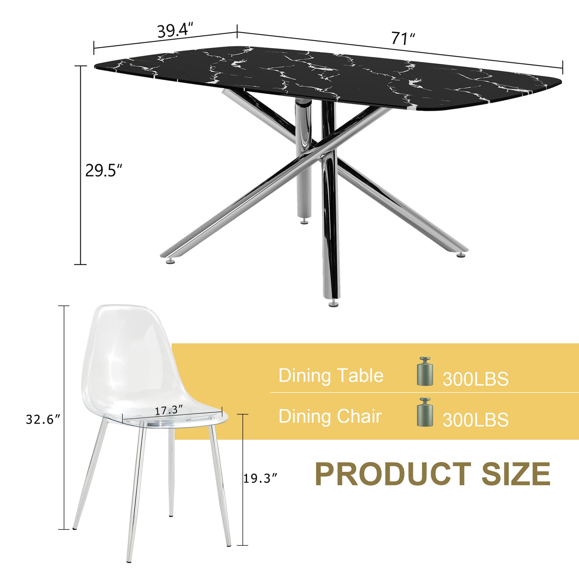 Table And Chair Set.Modern Luxurious Black Marble Patterned Tempered Glass Dining Table Set With 6 Transparent Pp Chairs.Multiple Transparent High Quality Pp Dining Chairs With Silver Legs. Black