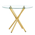 Round Clear Glass Dining Table With A Unique Shape For 4 6 People, With Ring Shaped Gathered Gold Metal Legs, Suitable For Desks, Kitchens, Terraces, Dining Rooms. Gold Glass Metal