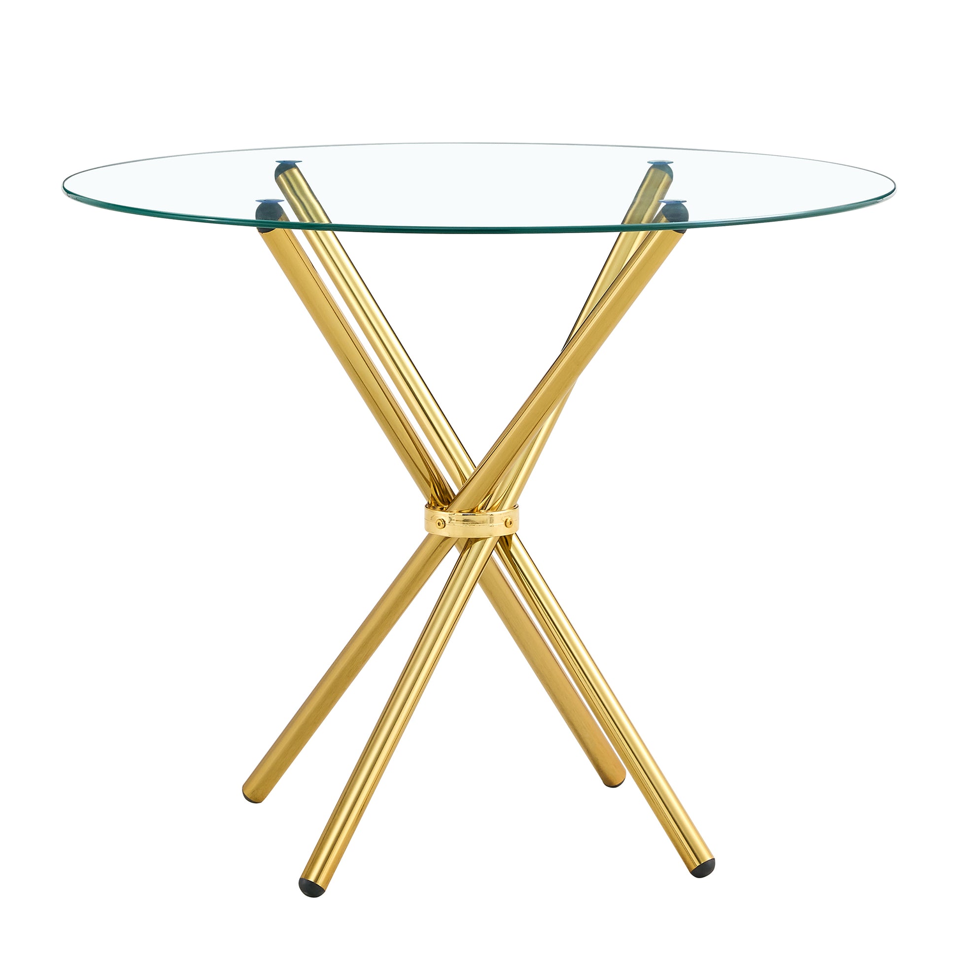 Round Clear Glass Dining Table With A Unique Shape For 4 6 People, With Ring Shaped Gathered Gold Metal Legs, Suitable For Desks, Kitchens, Terraces, Dining Rooms. Gold Glass Metal