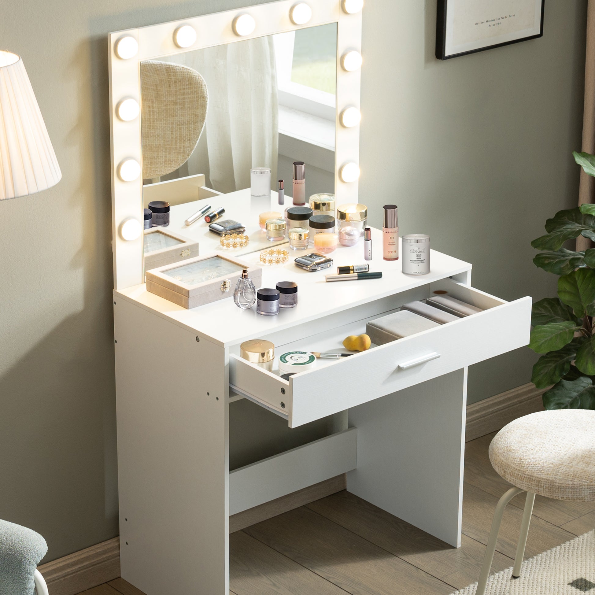 Vanity Desk With Mirror And Lights, Dressing Table With Large Drawer, 1 Level Storage Dresser & 3 Lighting Modes Adjustable Brightness, Suitable For Bedroom White White Particle Board