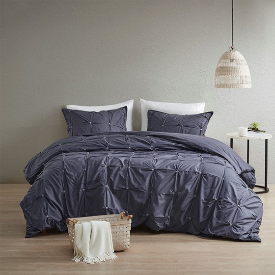 3 Piece Elastic Embroidered Cotton Duvet Cover Set Queen Dark Navy Cotton