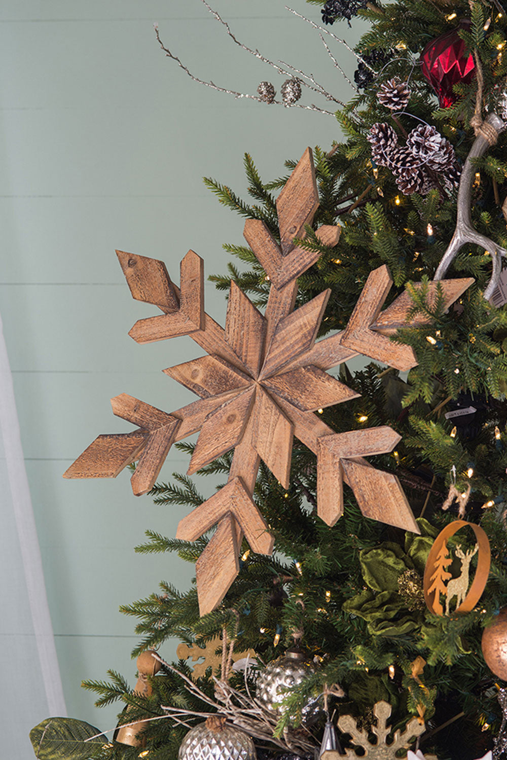 21.7X 21.7" Large Fir Wood Snowflake Ornaments, Hanging Home Decor Accents For Christmas Tree, Wall Art, Holiday Display, Set Of 2 Brown Wood