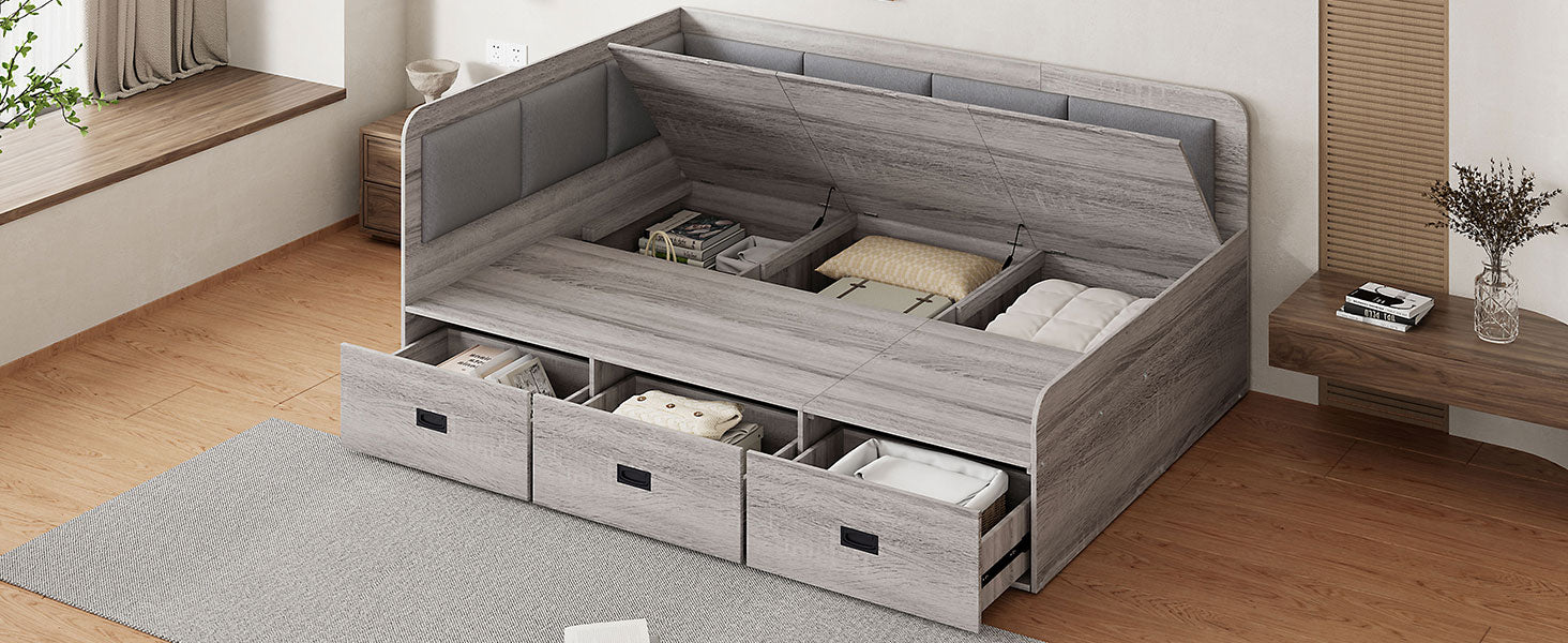 Full Size Daybed With Three Drawers And Three Storage Compartments, Gray Full Gray Mdf