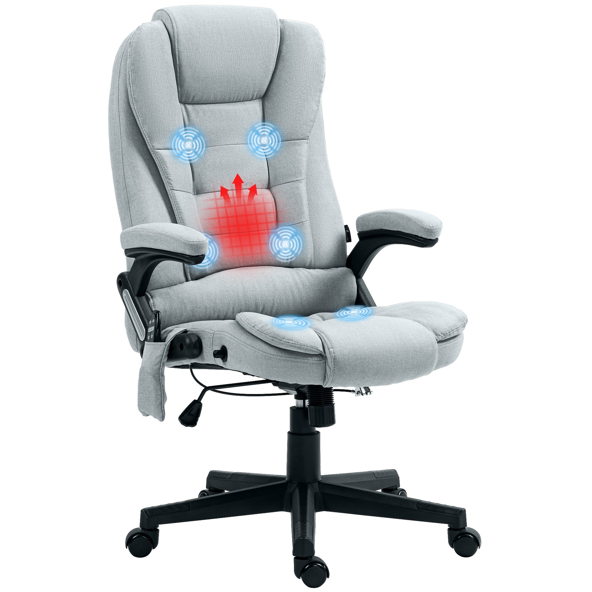 Homcom 6 Point Vibrating Massage Office Chair With Heat, Linen High Back Executive Office Chair With Reclining Backrest, Padded Armrests And Remote, Light Gray Light Gray Polyester