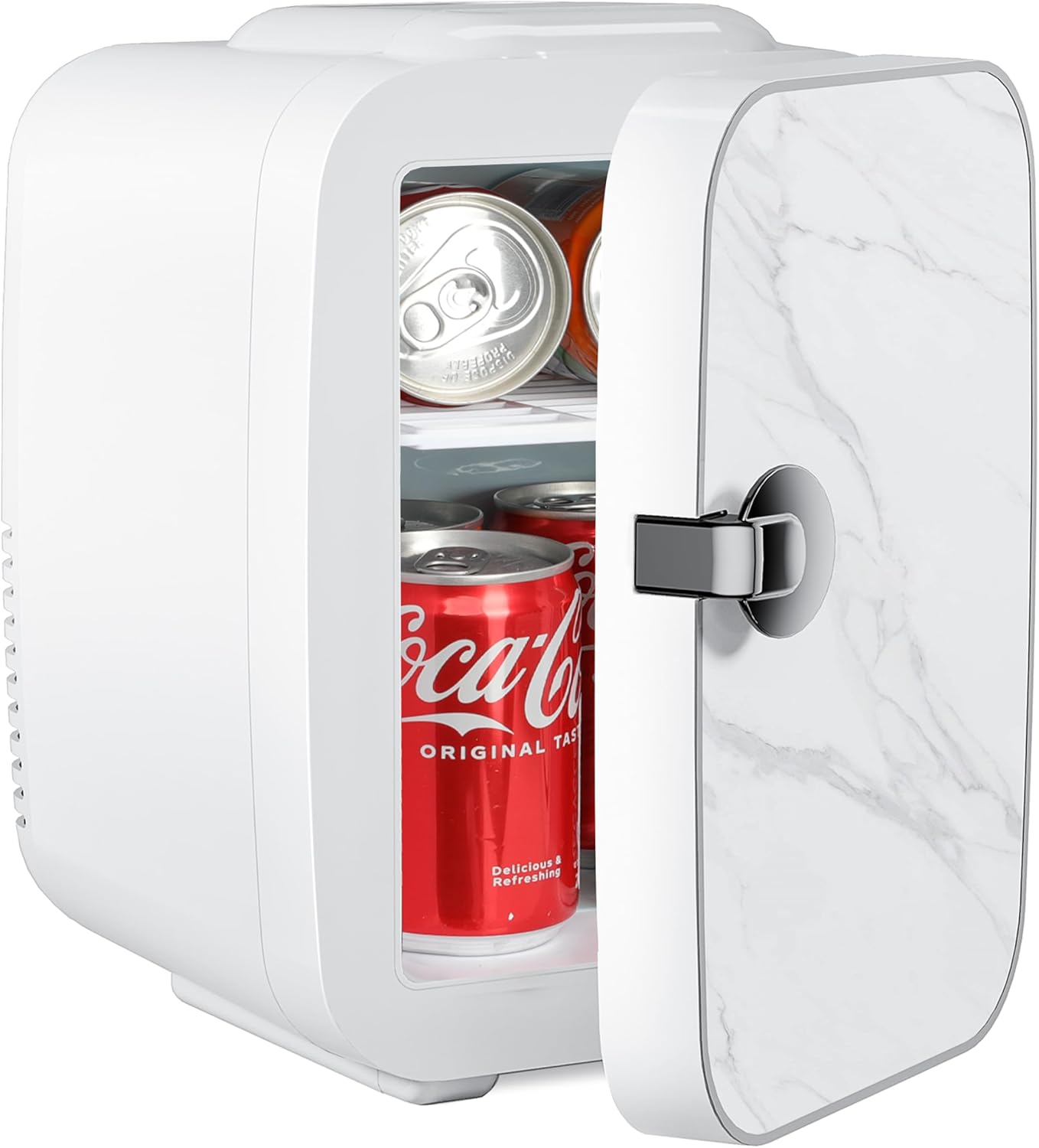 Mini 4L 6 Can, Small Refrigerator For Bedroom, Office, Dorm And Car Portable Cooler & Warmer Compact Fridge For Beverage, Skincare And Food, Marble White Marble Plastic