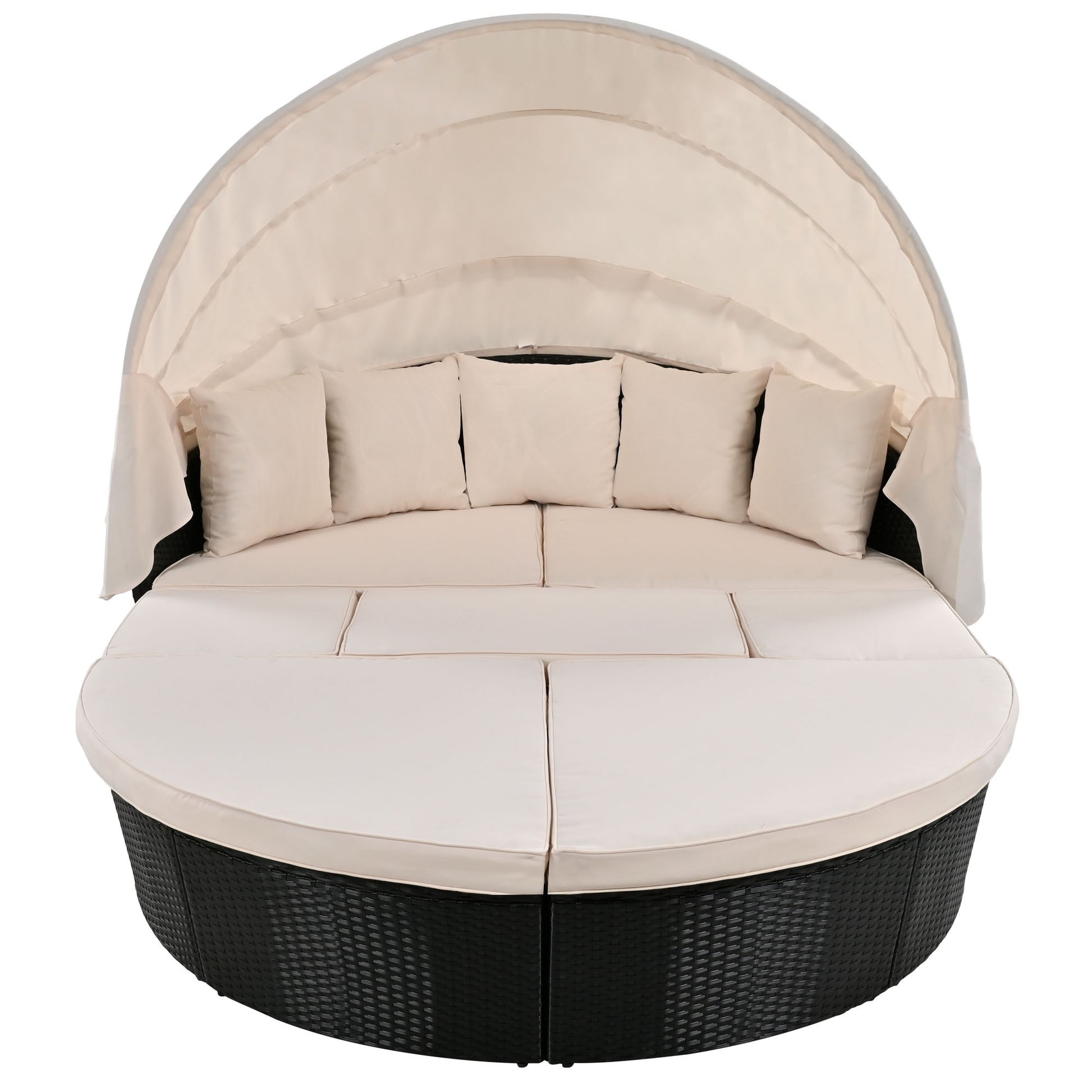 Outdoor Rattan Daybed Sunbed With Retractable Canopy Wicker Furniture, Round Outdoor Sectional Sofa Set, Black Wicker Furniture Clamshell Seating With Washable Cushions, Backyard, Porch, Beige Yes Beige Seats 8 Garden & Outdoor Foam Wicker