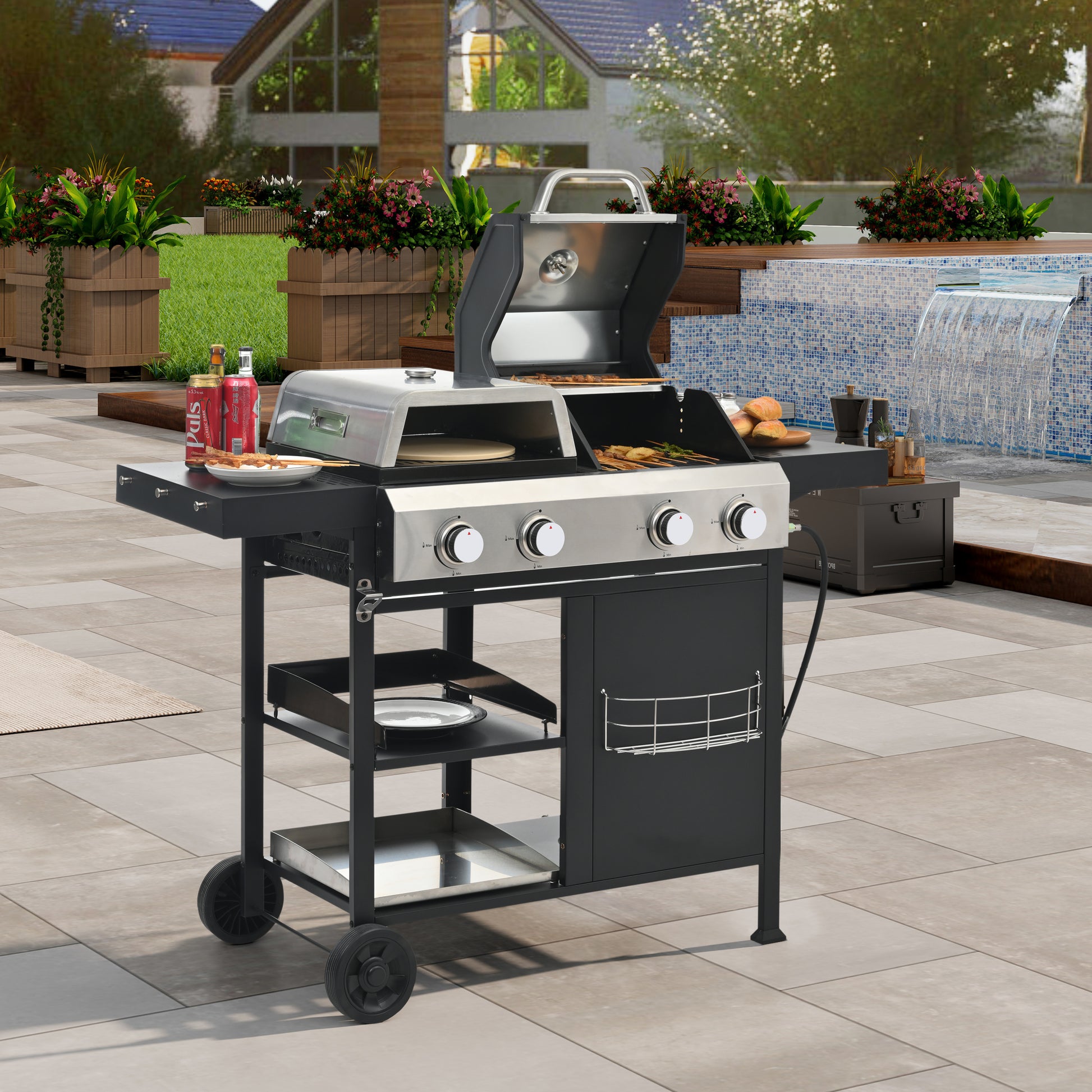 2 2 Multi Function Burner Gas Grill And Griddle Combo With Cover For Outdoor Cooking While Camping Or Tailgating Bbq,Frying,Pizza. Black And Silver Stainless Steel