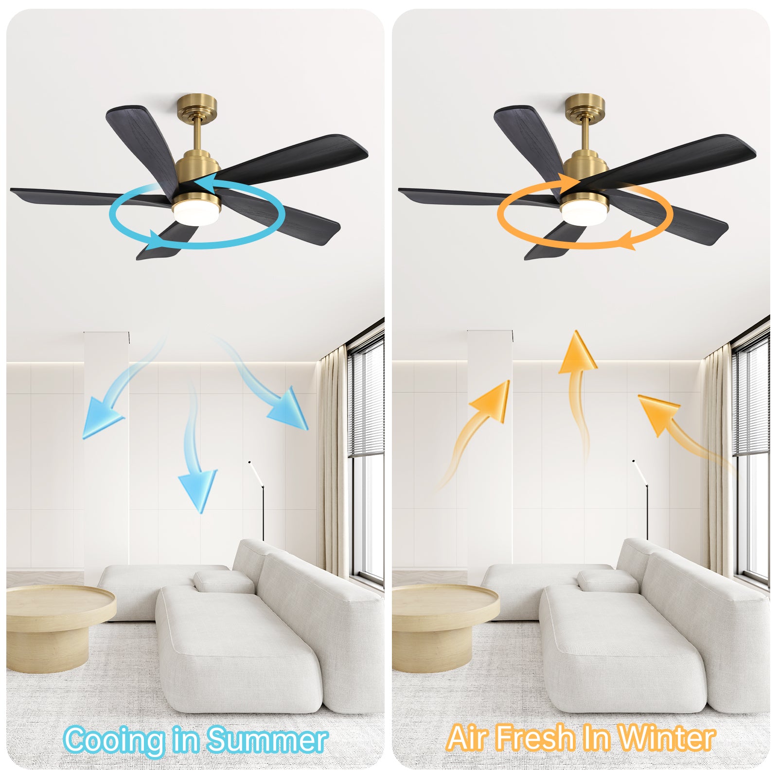 52 Inch Ceiling Fan With Dimmable Led Light 5 Solid Wood Blades Smart Remote Control Reversible Dc Motor Ceiling Fan Gold Metal & Wood