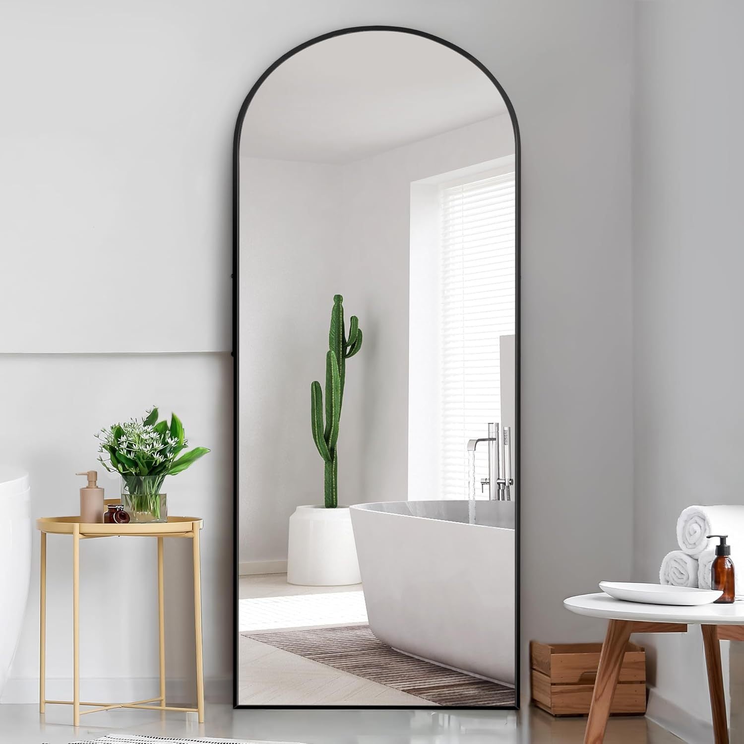 Dolonm 65X22 Inch Arch Full Length Mirror, Modern Design Standing Floor Mirror, Full Body Mirror For Living Room, Bedroom, Bathroom, Cloakroom, Hallway, Black Aluminum Alloy Frame Black Mirror