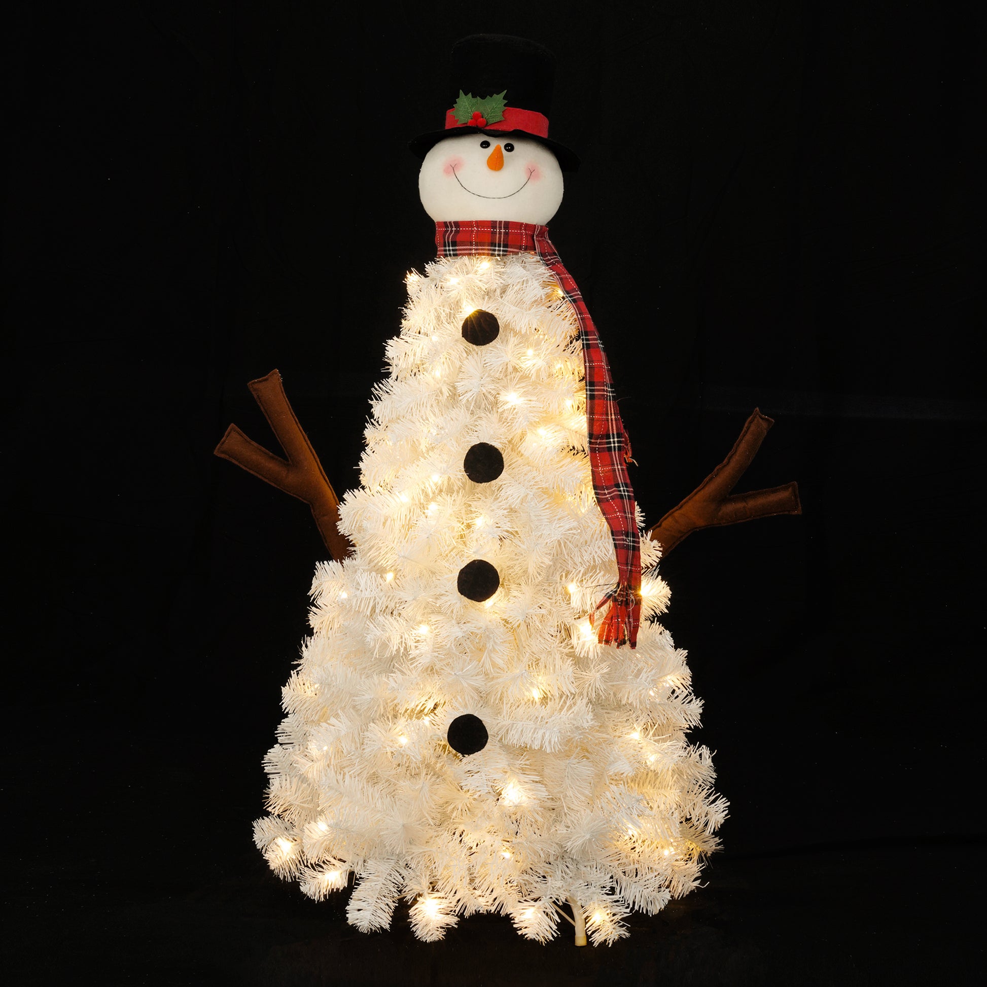 4Ft Pre Lit Christmas Tree With 100 Lights, Snowman Shaped Artificial Christmas Tree, Xmas Tree With 380 Branch Tips, Pvc Festival Celebration Decoration Inside And Outside White Pvc