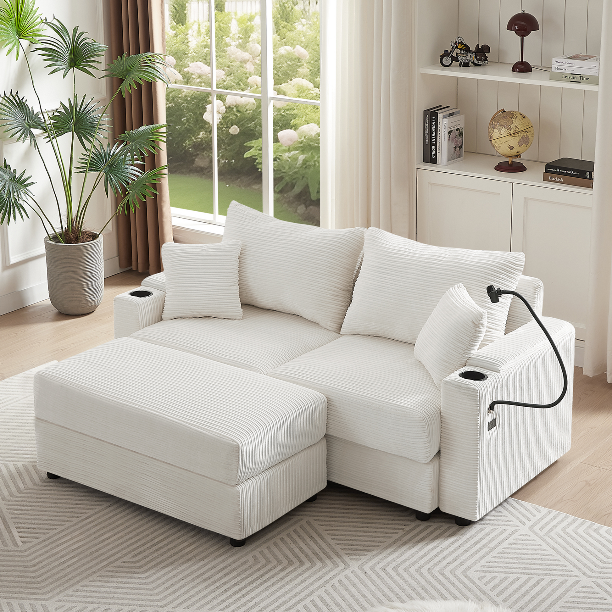 72.8" Modern Style Loveseat Sofa Sectional Sofa Couch With Storage Space, A Movable Ottoman, Two Usb Ports, Two Cup Holders, A Phone Holder For Living Room, Beige Beige Foam Corduroy 3 Seat