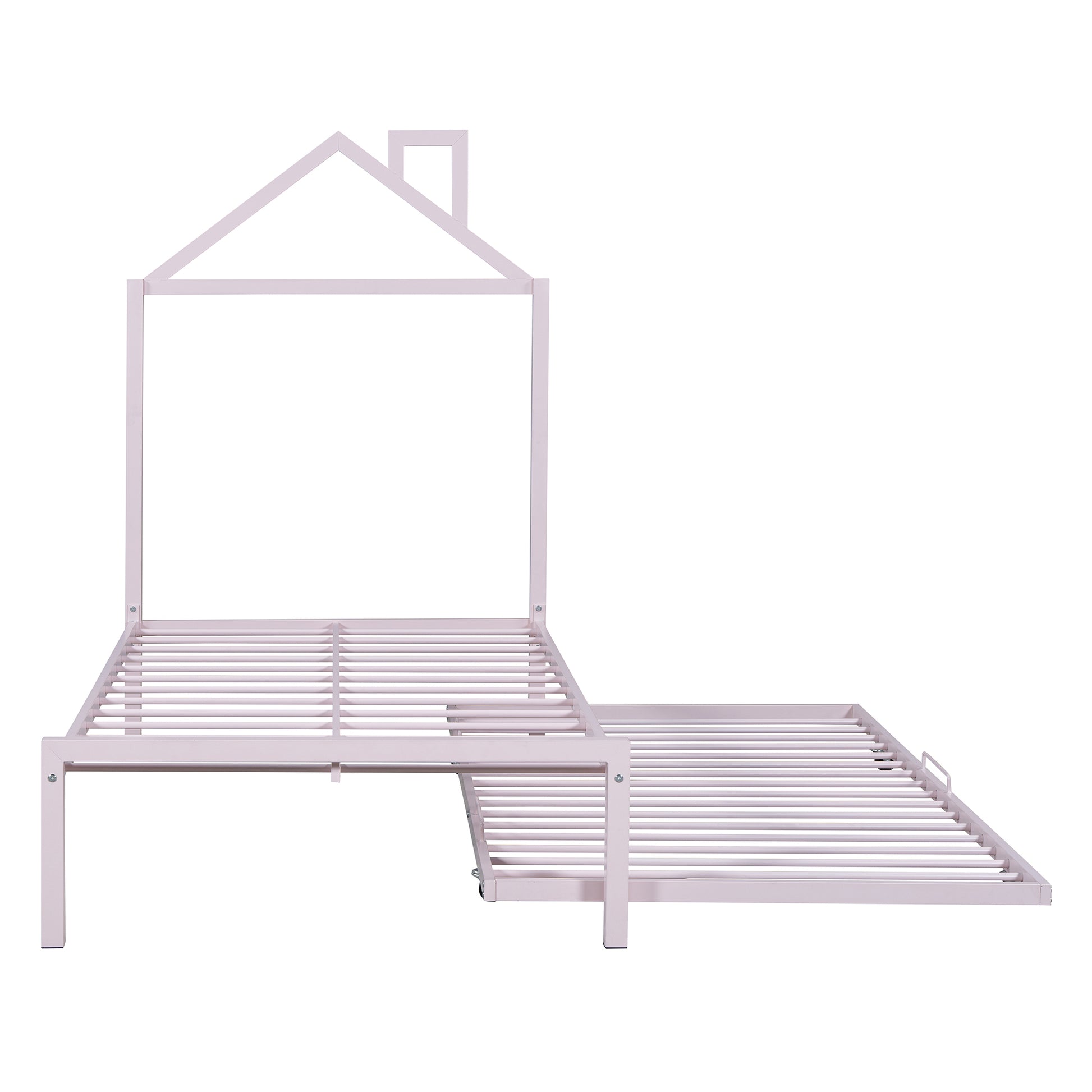 Twin Size Metal Platform Bed With Twin Size Trundle,House Shaped Headboard Design, Pink Twin Pink Metal