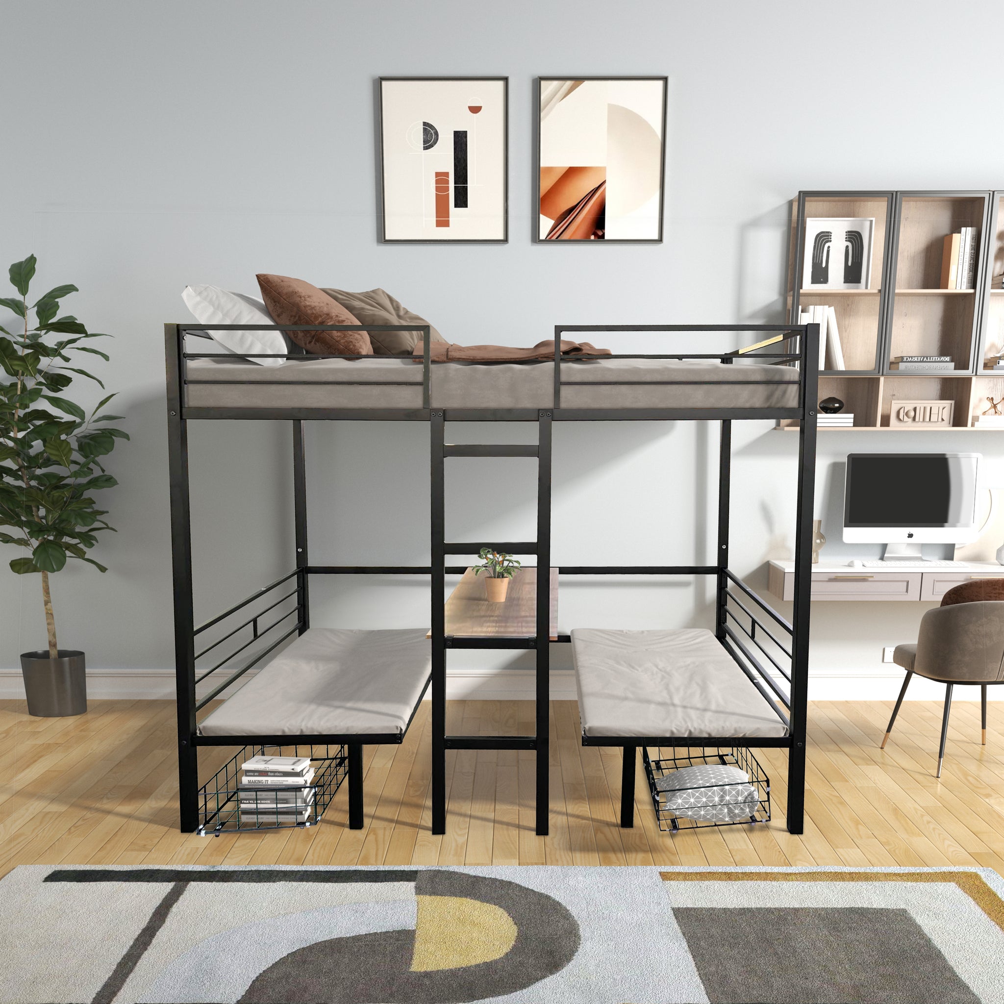 Twin Size Loft Bed With Table Sets Transformable To Twin Over Twin Bunk Twin Black Steel