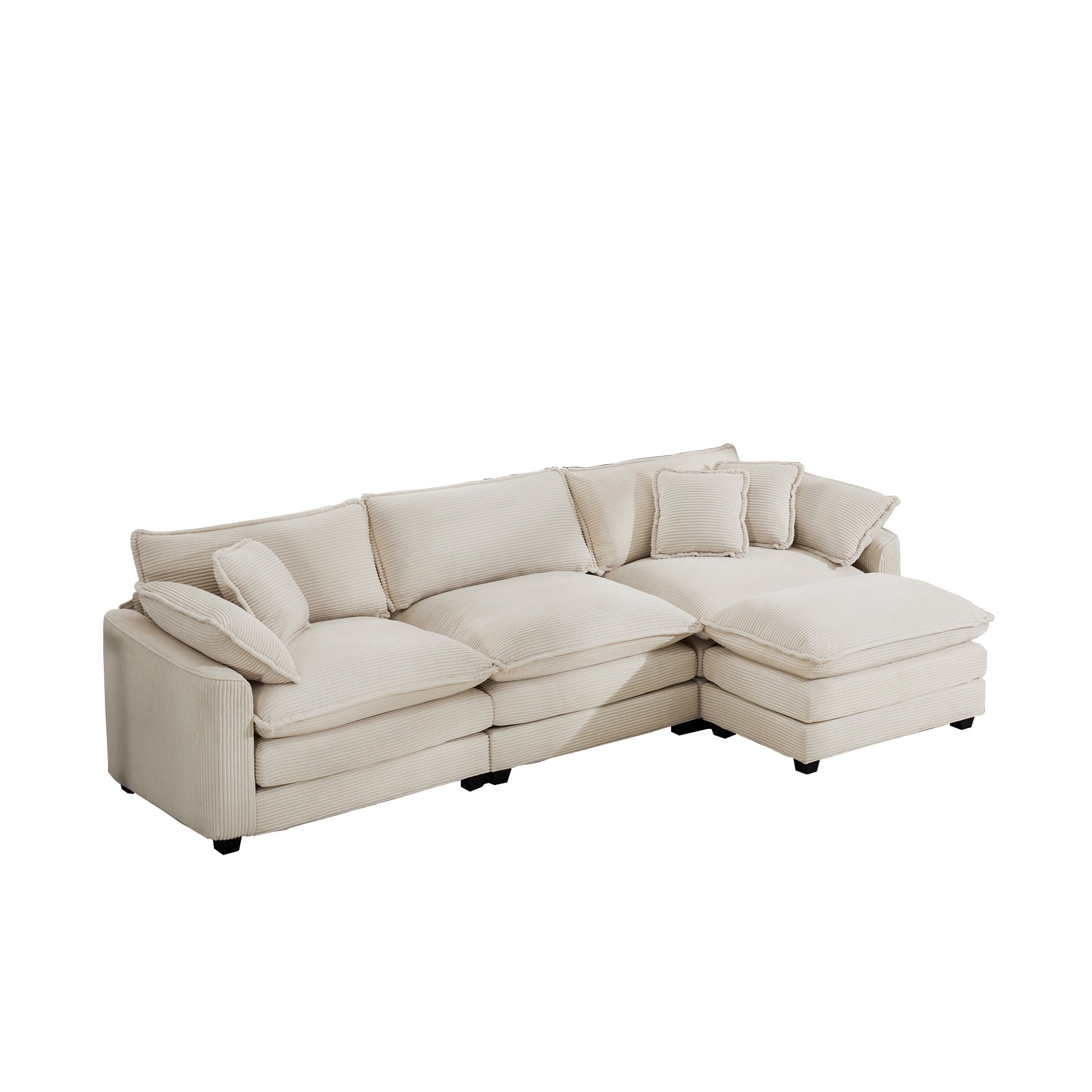 Sectional Sofa Modular Deep Seat 3 Seat Sofa Couch With Ottoman,Comfy Upholstered Furniture For Living Room,Light Beige Corduroy Sofa Beige Corduroy 3 Seat