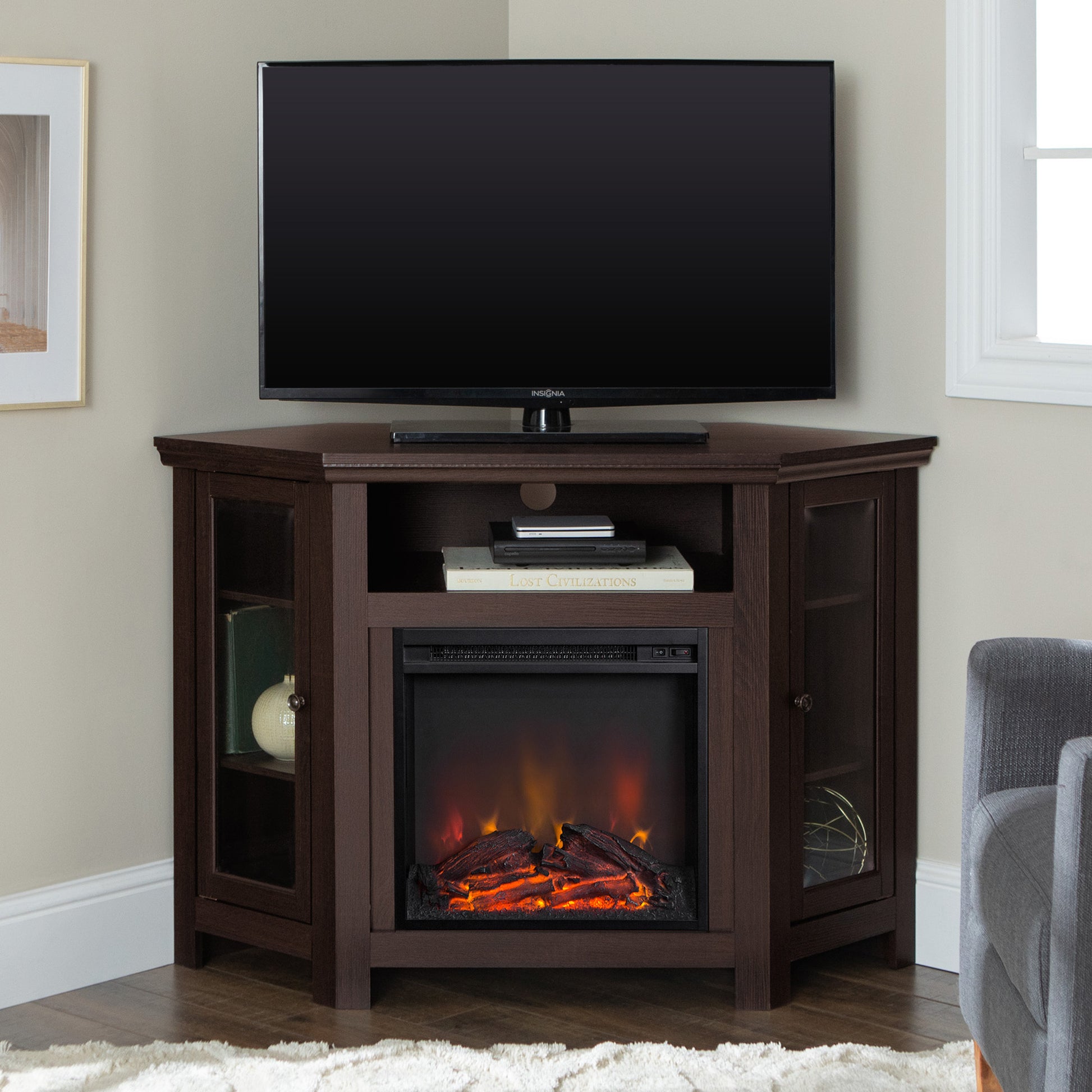Classic Glass Door Fireplace Tv Stand For Tvs Up To 55" Brown Brown Mdf