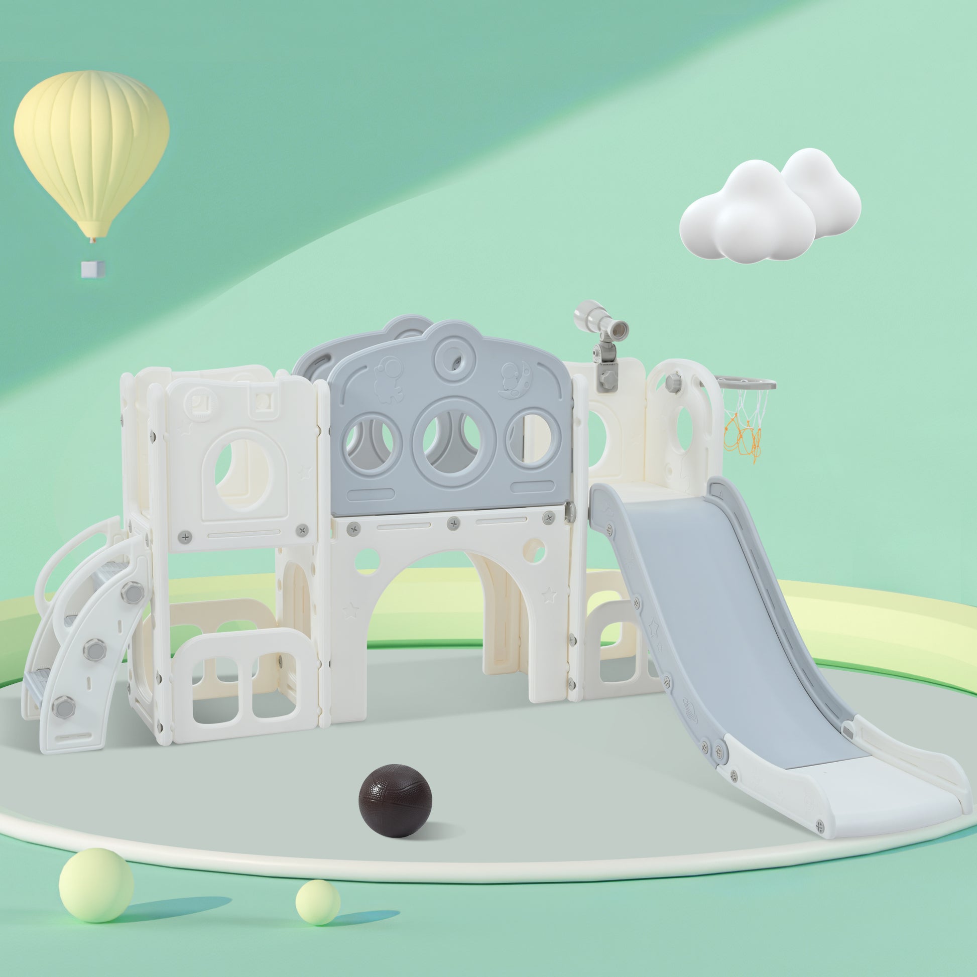 7 In 1 Toddler Slide Set, Freestanding Space Set With Slide, Kids Slide Playset Structure, Arch Tunnel And Basketball Hoop, Toy Storage Organizer For Toddlers, Kids Climbers Playground Grey White 50 99 Lbs Cute 1 To 2 Years Hdpe Indoor & Outdoor Use