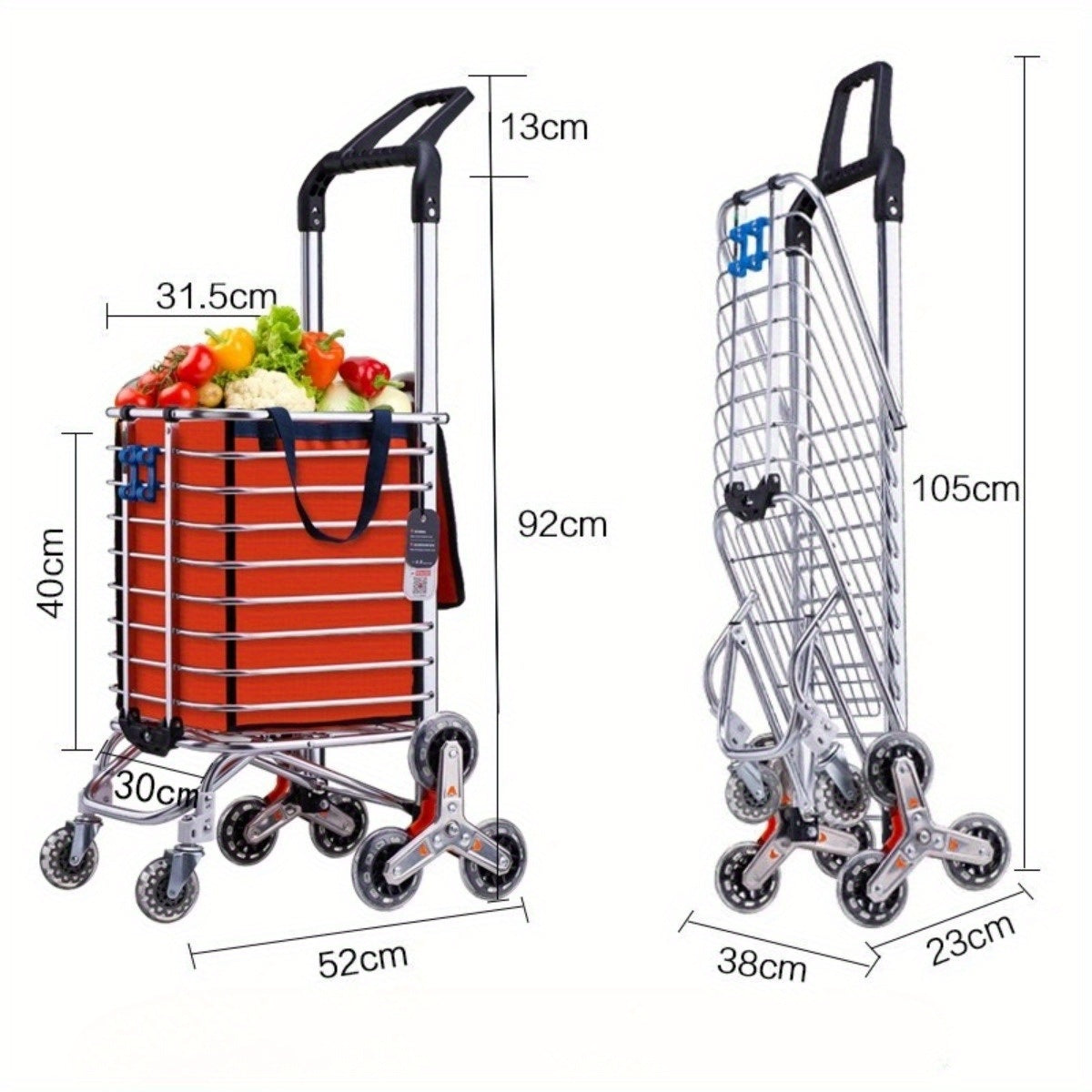 Grocery Laundry Utility Foldable Shopping Cart Trolley, Aluminum Alloy 8 Wheel Stair Climbing, Load Capacity 35L Silver Aluminium Alloy