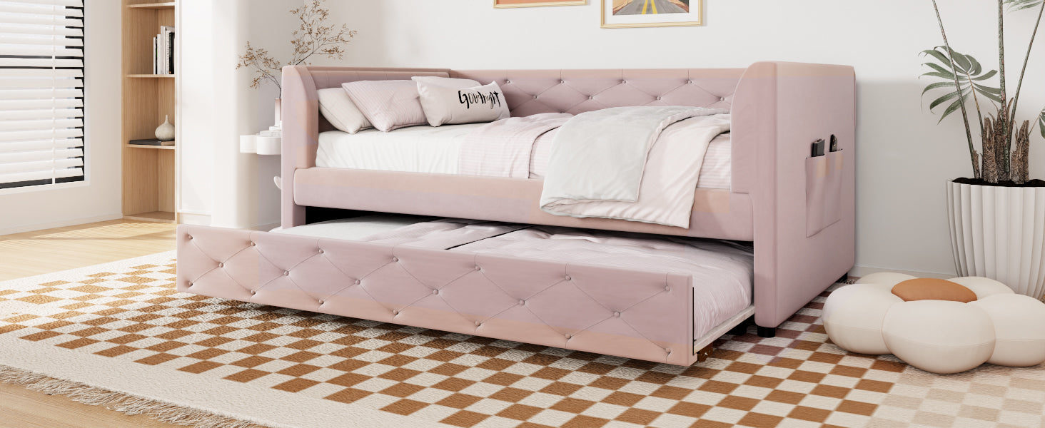 Twin Size Upholstered Velvet Tufted Daybed With Trundle, Pink Box Spring Not Required Twin Pink Wood Daybeds Velvet Solid Wood Mdf,Velvet